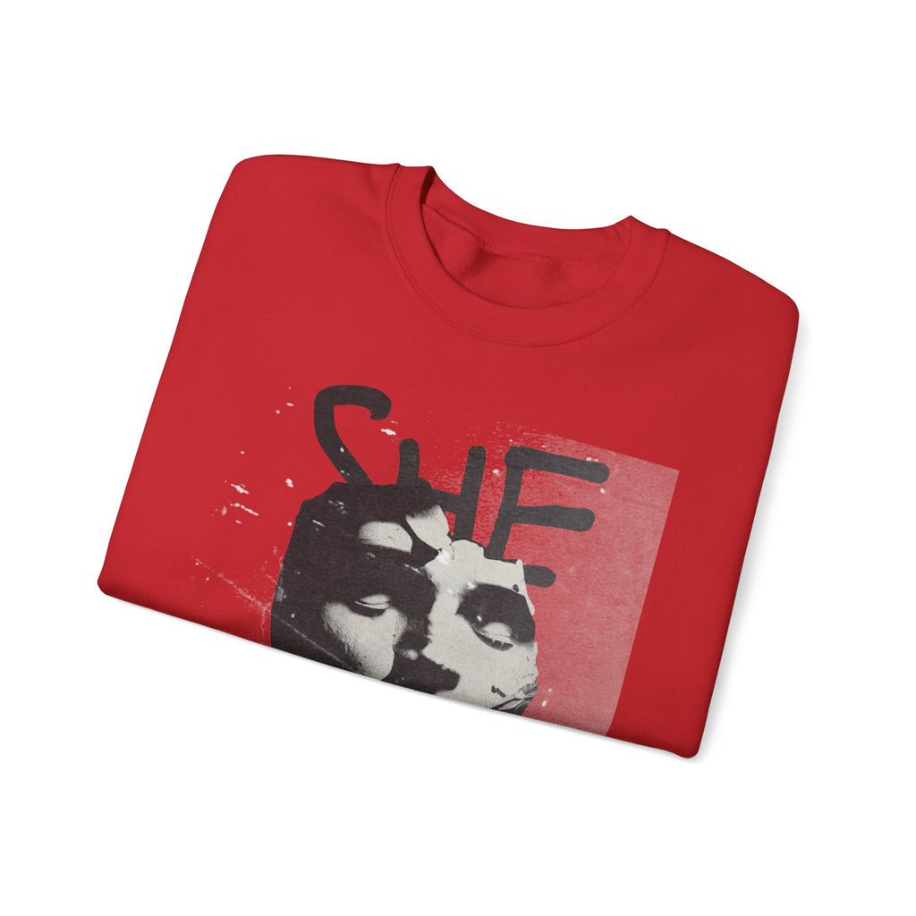 Artistic Unisex Crewneck Sweatshirt - SHE ART Graphic, Cozy Fashion, Bold Statement Piece, Gift for Creatives, Everyday Wear