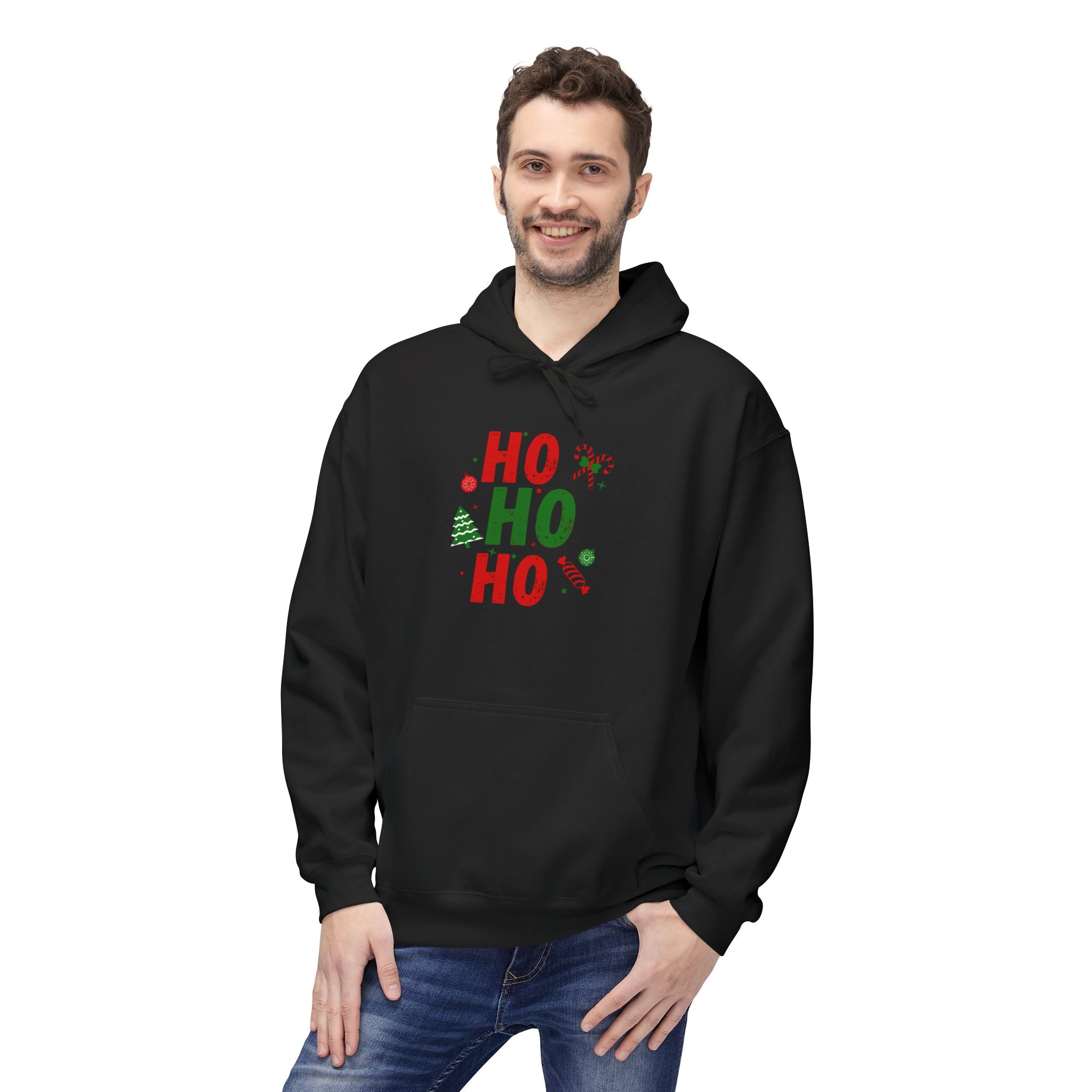 Ho Ho Ho Christmas Hoodie — Festive Holiday Sweatshirt with Tree & Candy Cane Design