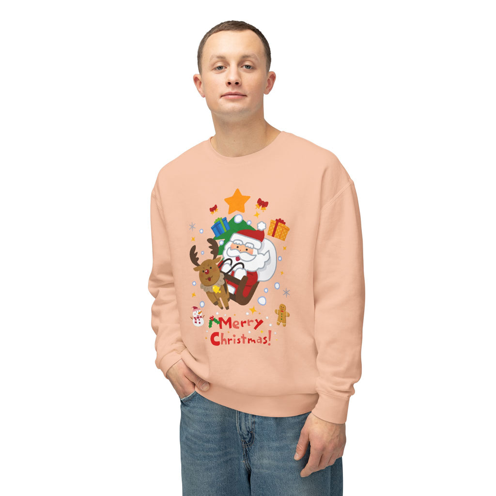 Christmas Crewneck Sweatshirt — Cute Santa & Reindeer "Merry Christmas" Holiday Sweater