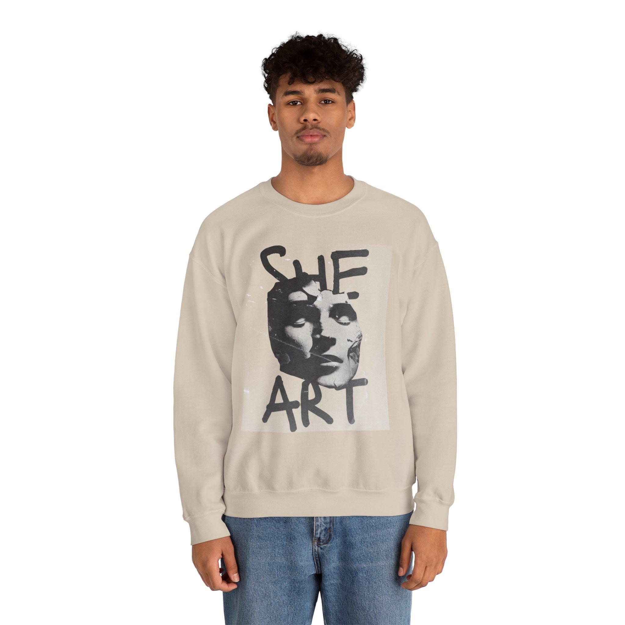 Artistic Unisex Crewneck Sweatshirt - SHE ART Graphic, Cozy Fashion, Bold Statement Piece, Gift for Creatives, Everyday Wear