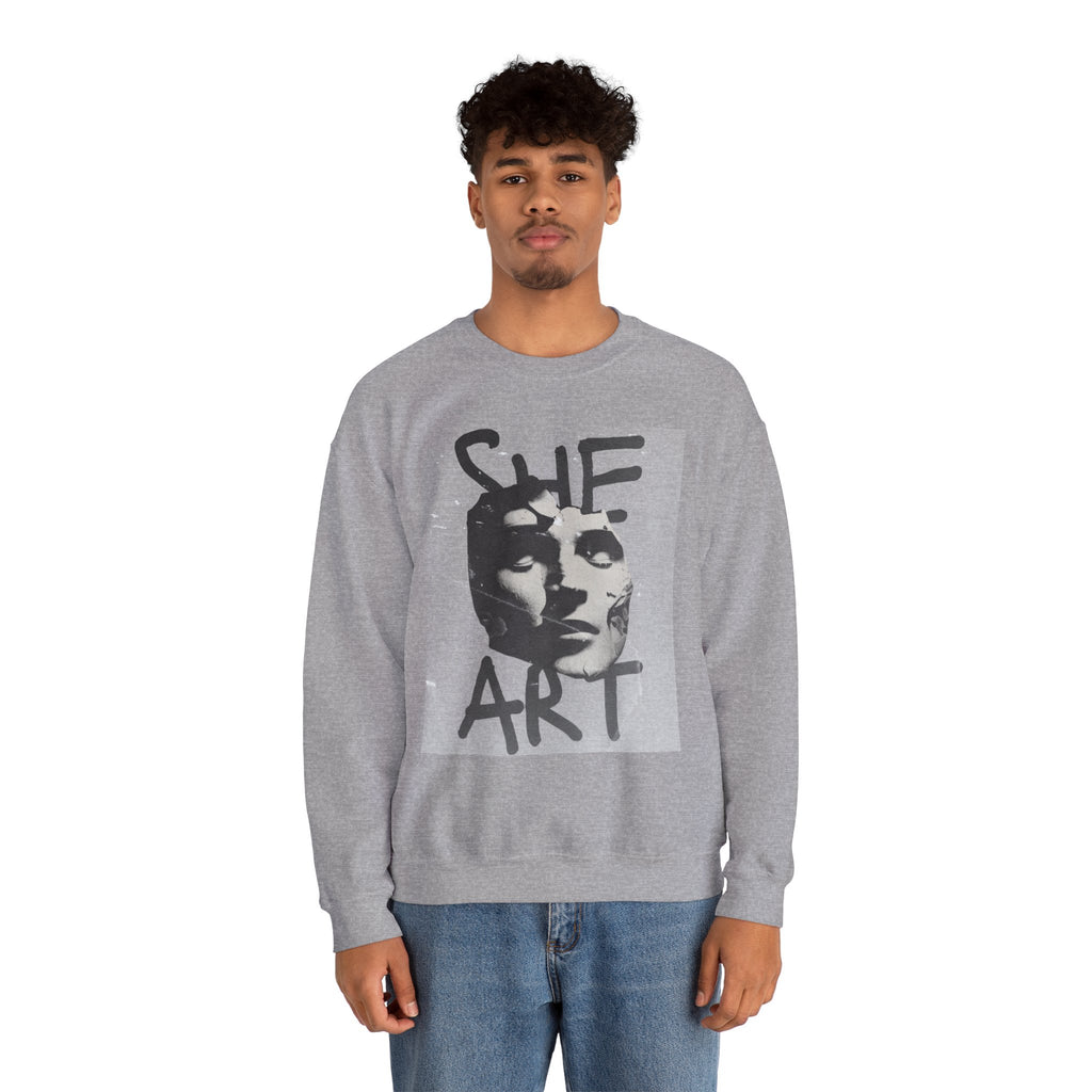 Artistic Unisex Crewneck Sweatshirt - SHE ART Graphic, Cozy Fashion, Bold Statement Piece, Gift for Creatives, Everyday Wear