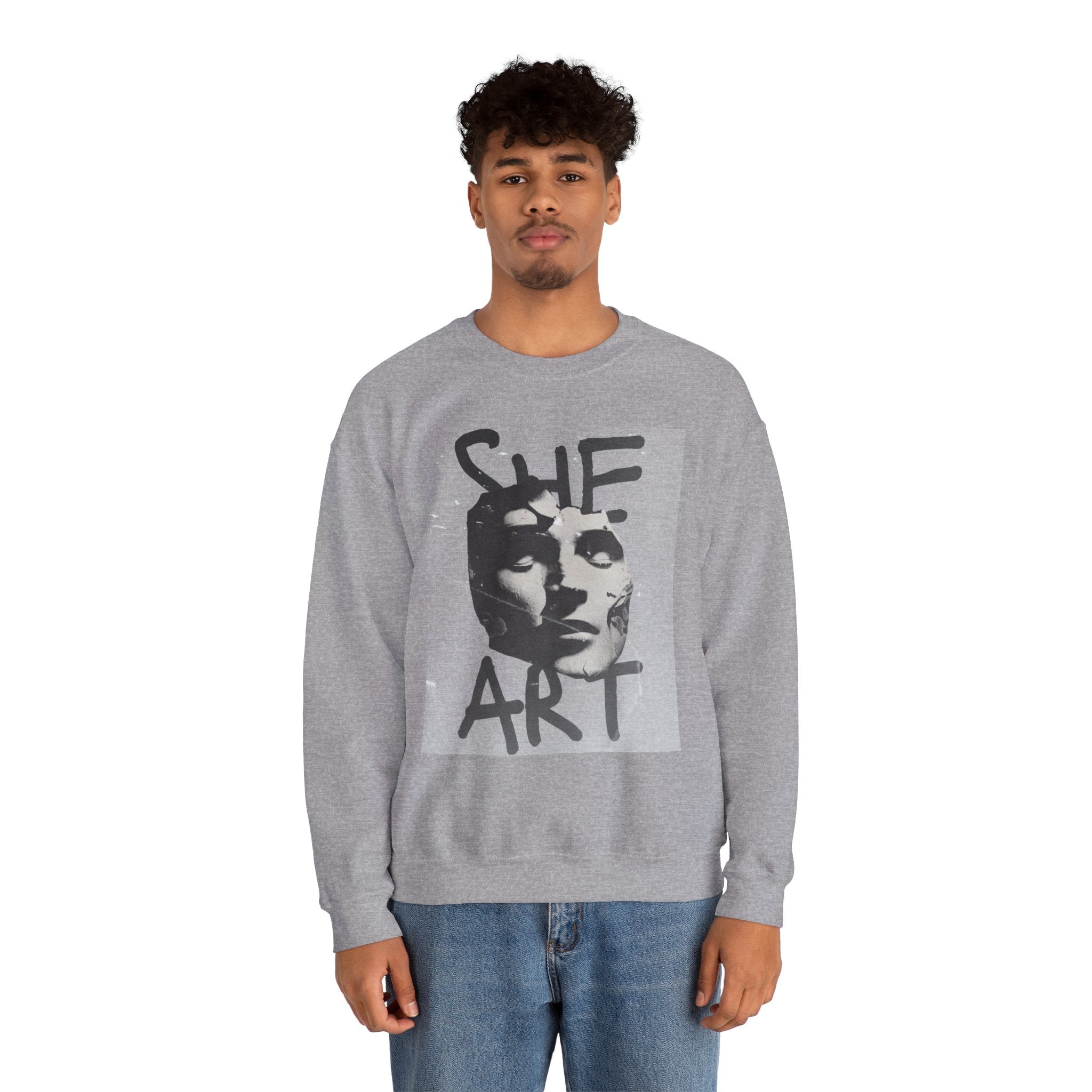 Artistic Unisex Crewneck Sweatshirt - SHE ART Graphic, Cozy Fashion, Bold Statement Piece, Gift for Creatives, Everyday Wear