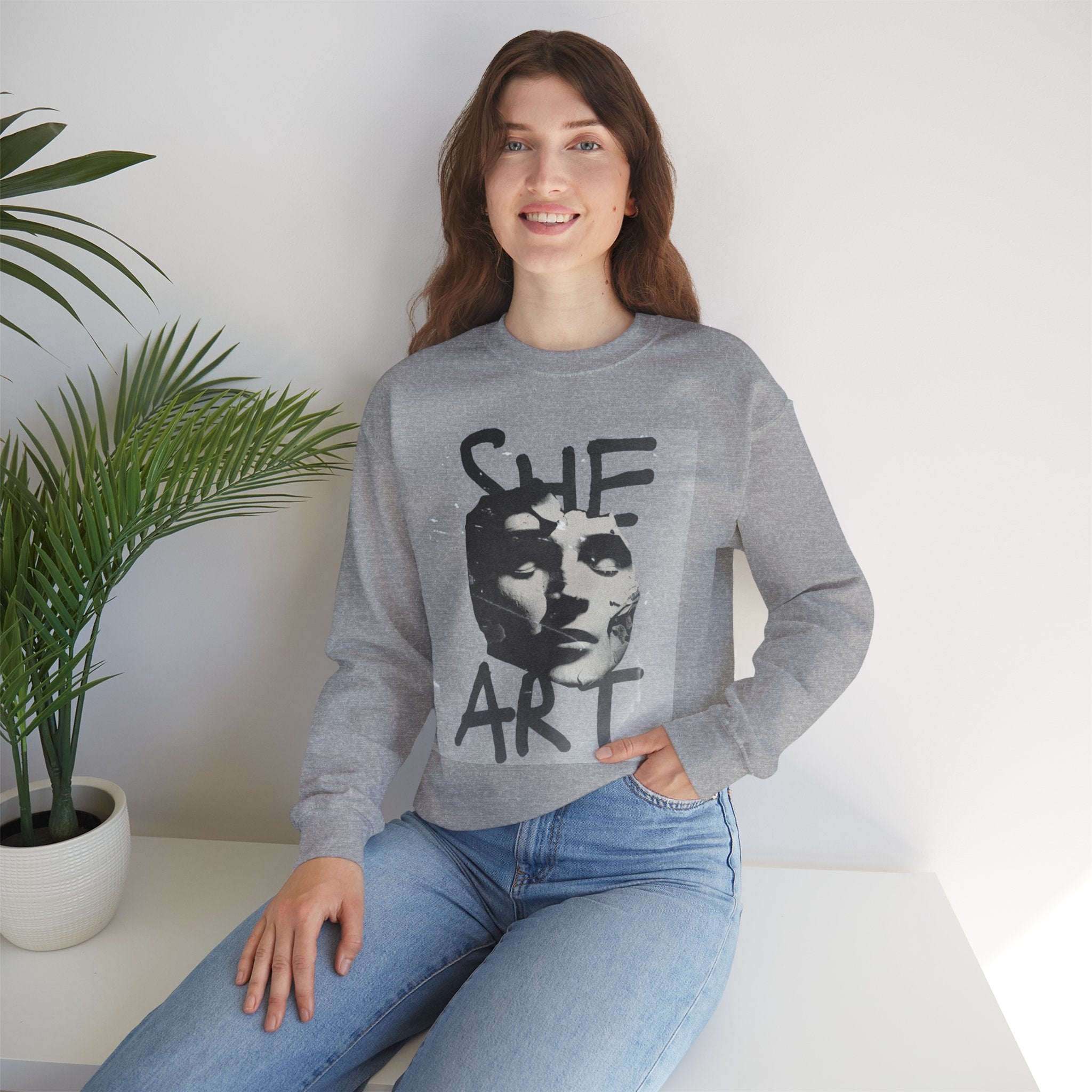 Artistic Unisex Crewneck Sweatshirt - SHE ART Graphic, Cozy Fashion, Bold Statement Piece, Gift for Creatives, Everyday Wear
