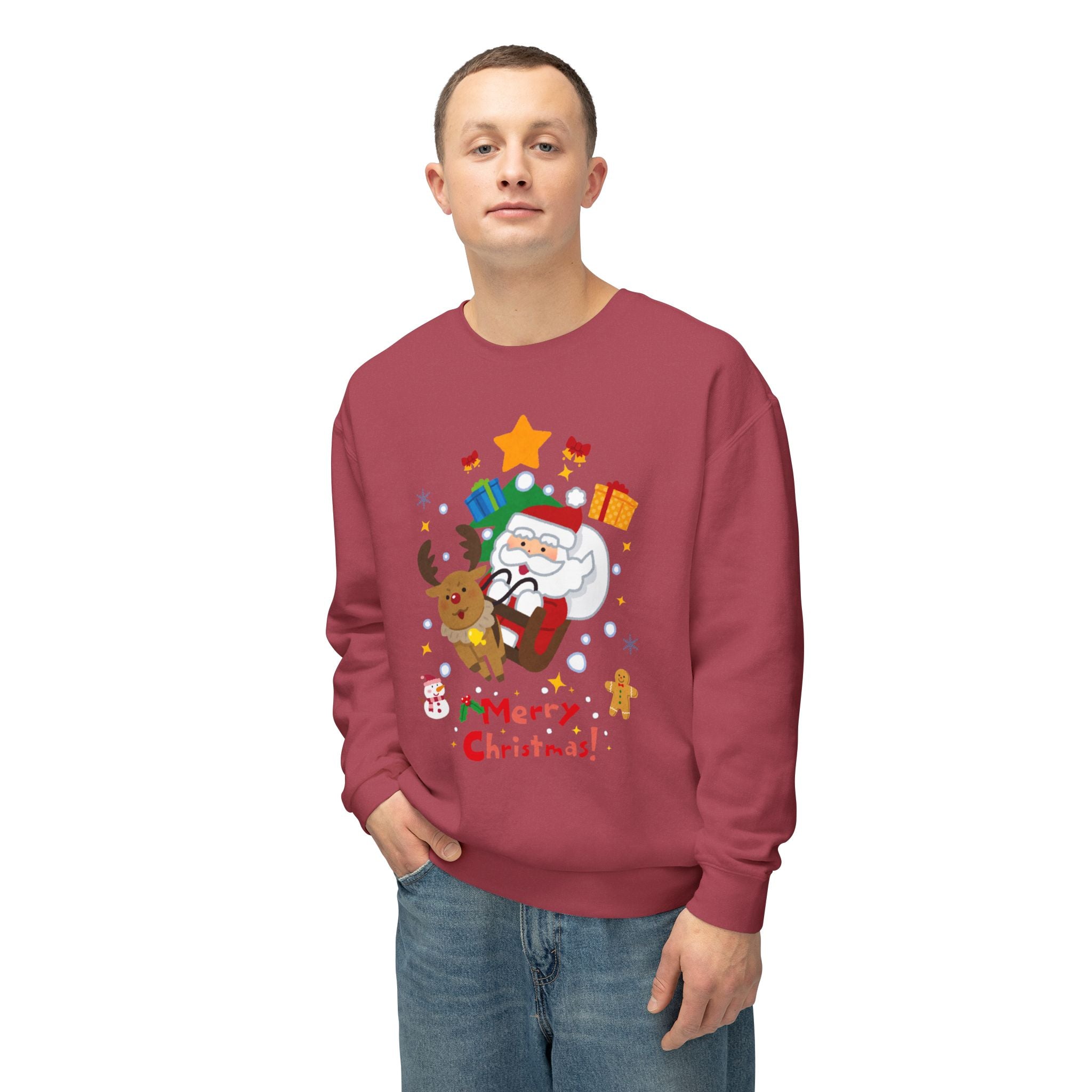 Christmas Crewneck Sweatshirt — Cute Santa & Reindeer "Merry Christmas" Holiday Sweater