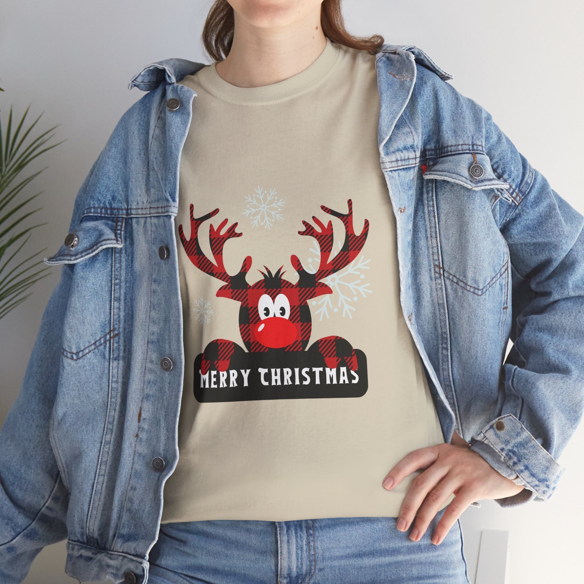 Christmas Reindeer T-Shirt — Cute Plaid Antler Design "Merry Christmas"