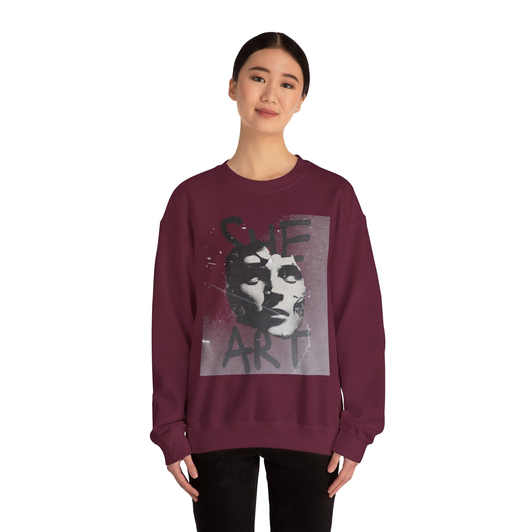Artistic Unisex Crewneck Sweatshirt - SHE ART Graphic, Cozy Fashion, Bold Statement Piece, Gift for Creatives, Everyday Wear