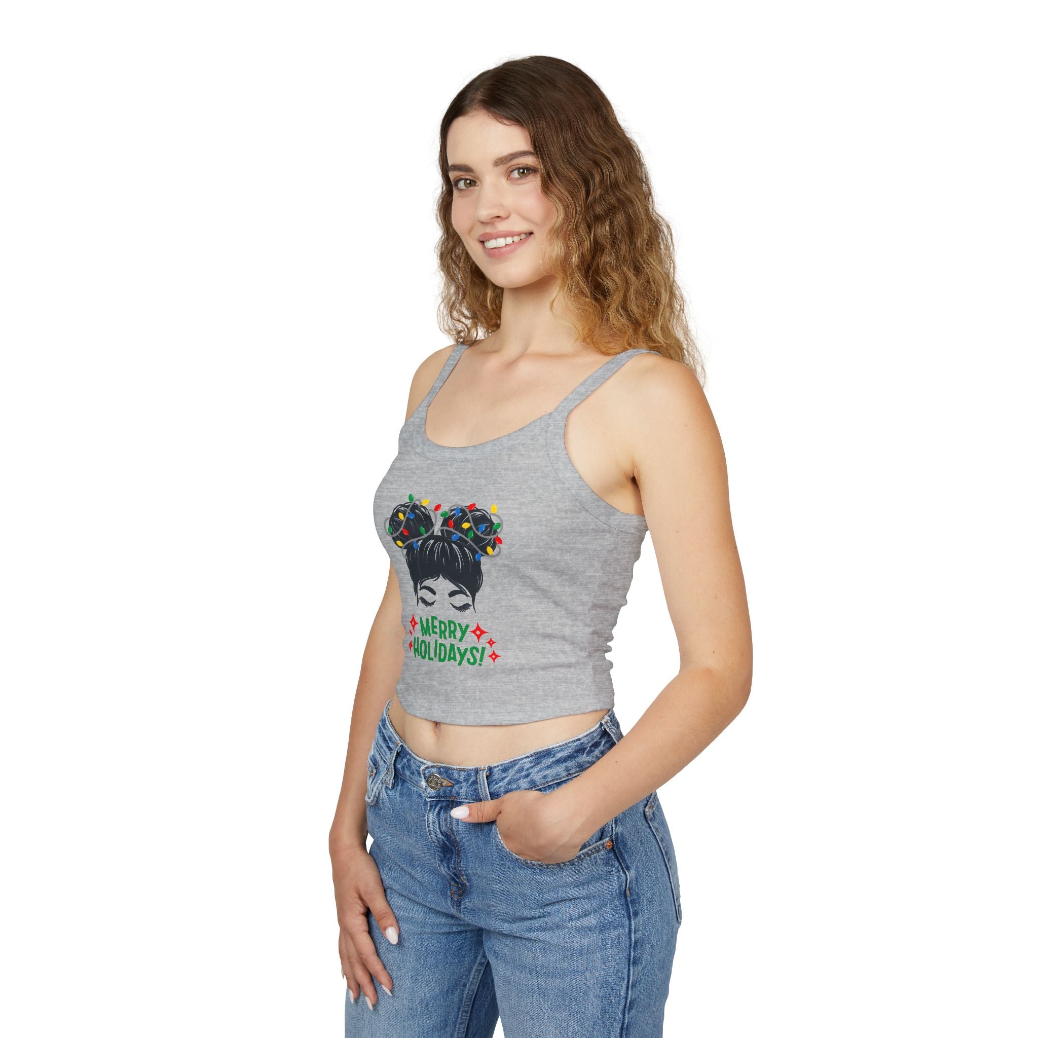 Women's Holiday Crop Tank Top – "Merry Holidays" Light-Up Hair Buns Graphic