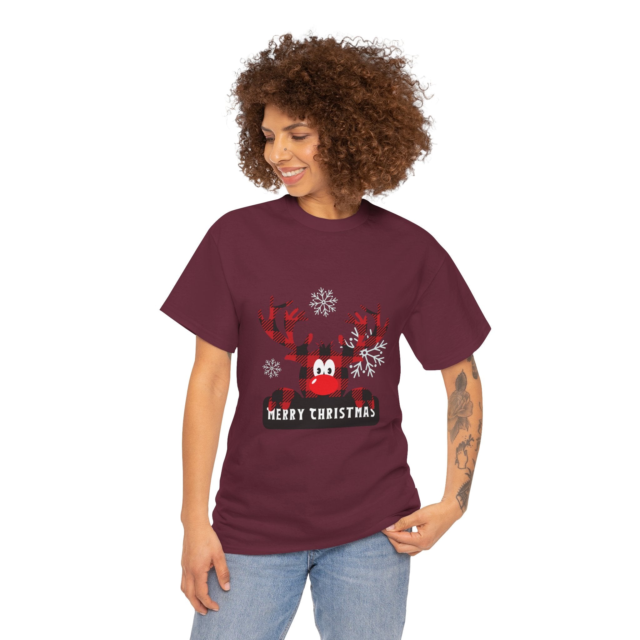 Christmas Reindeer T-Shirt — Cute Plaid Antler Design "Merry Christmas"