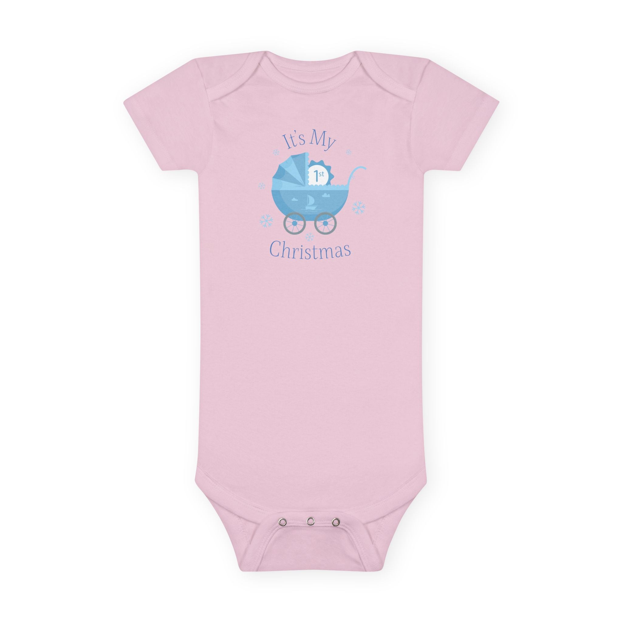 Baby Onesie - "It's My First Christmas" Blue Baby Carriage Newborn Bodysuit