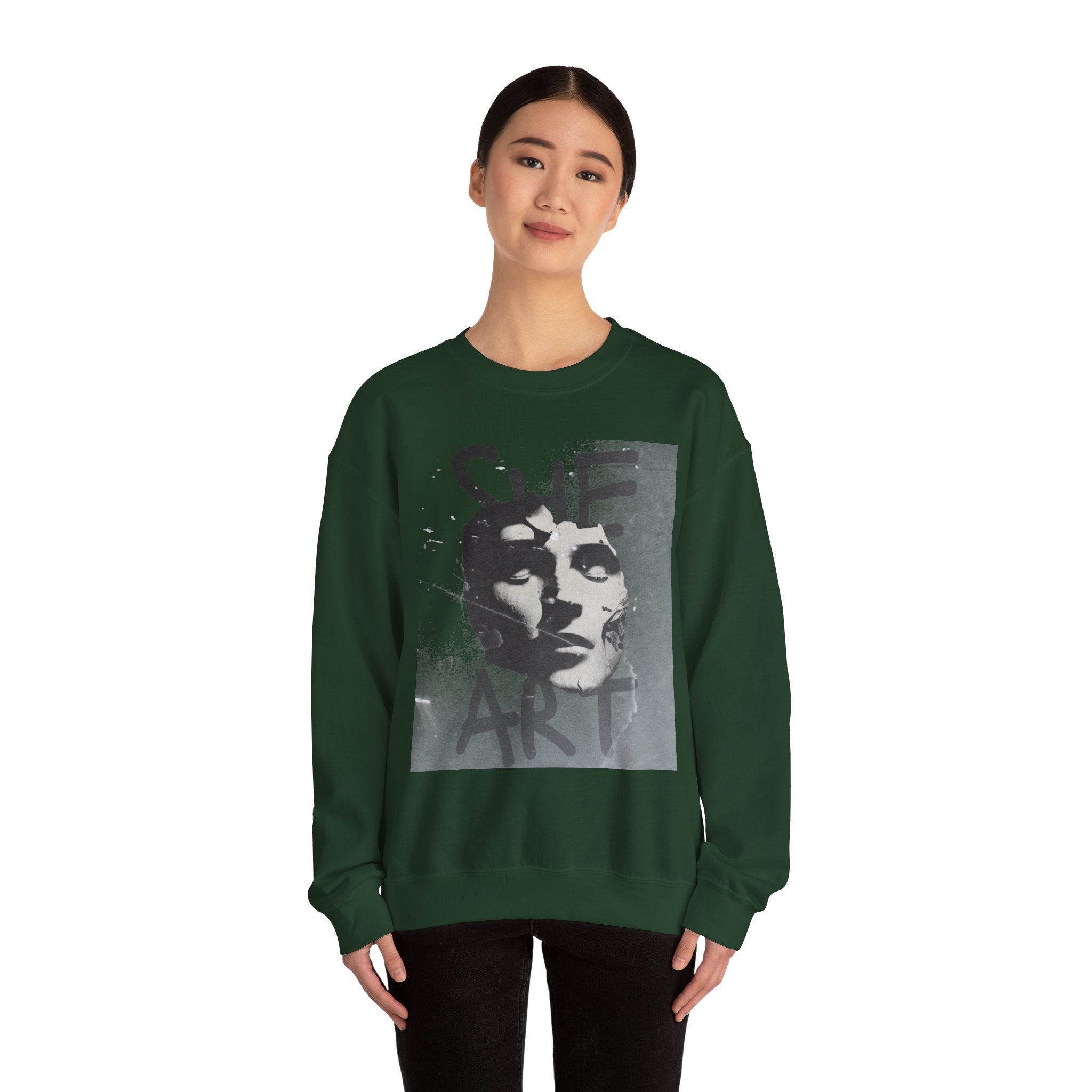 Artistic Unisex Crewneck Sweatshirt - SHE ART Graphic, Cozy Fashion, Bold Statement Piece, Gift for Creatives, Everyday Wear