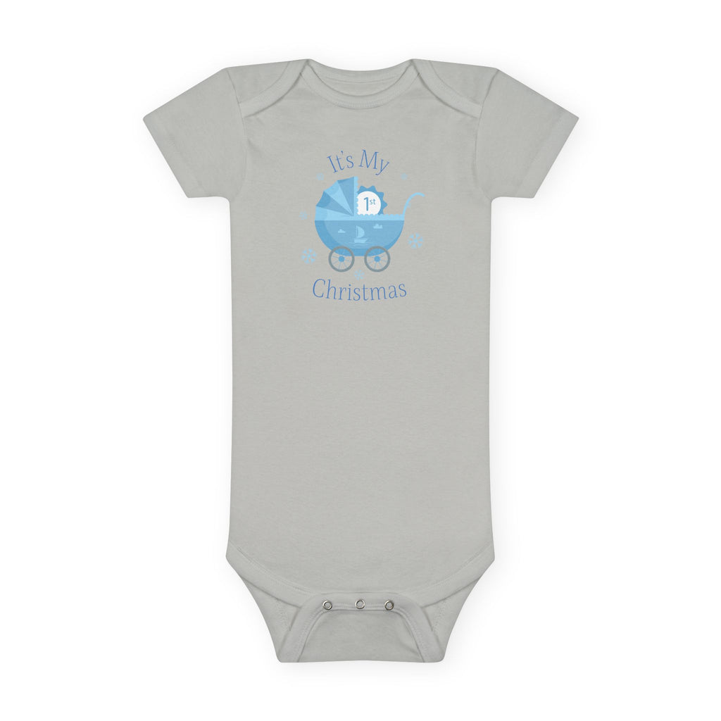 Baby Onesie - "It's My First Christmas" Blue Baby Carriage Newborn Bodysuit