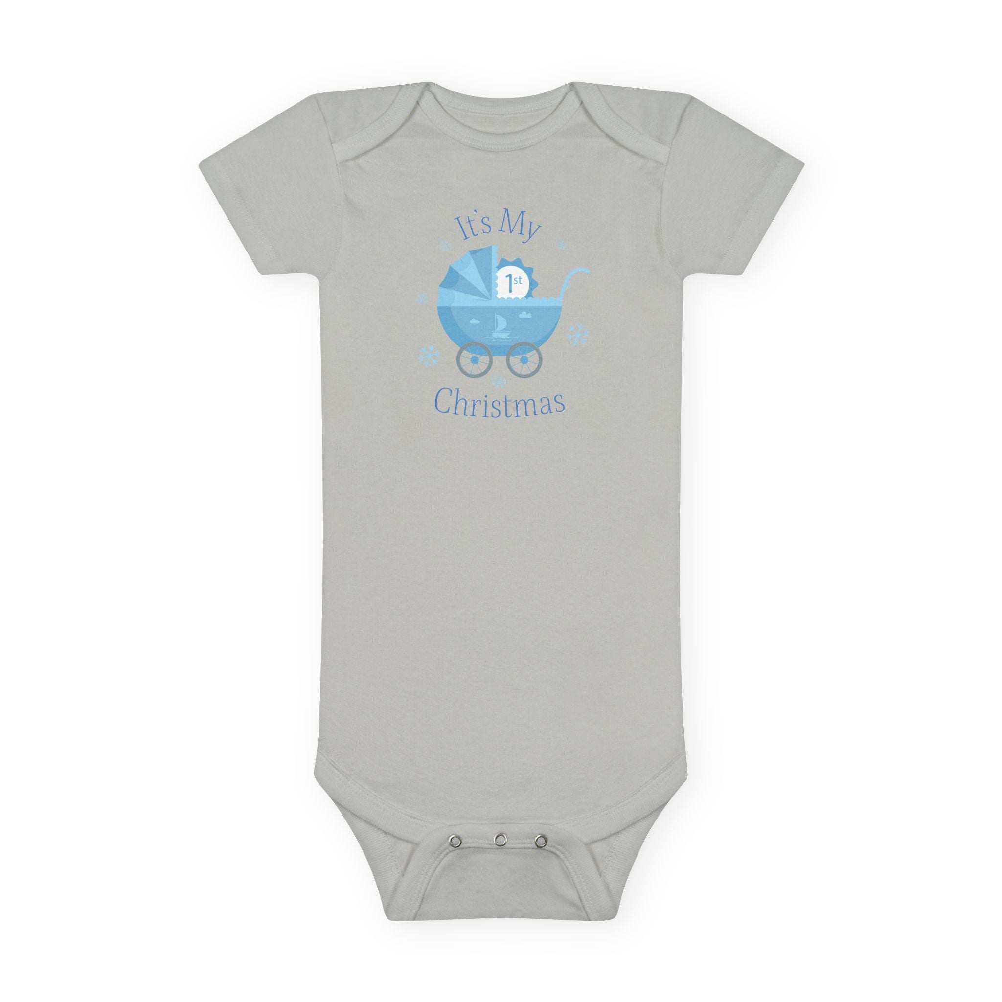 Baby Onesie - "It's My First Christmas" Blue Baby Carriage Newborn Bodysuit