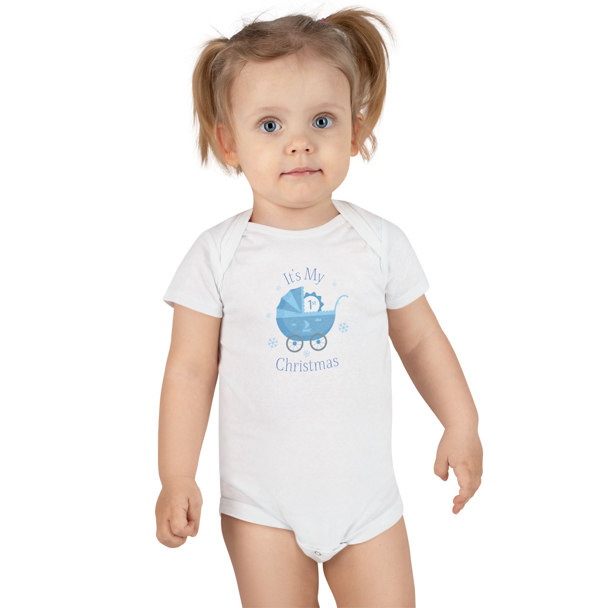 Baby Onesie - "It's My First Christmas" Blue Baby Carriage Newborn Bodysuit