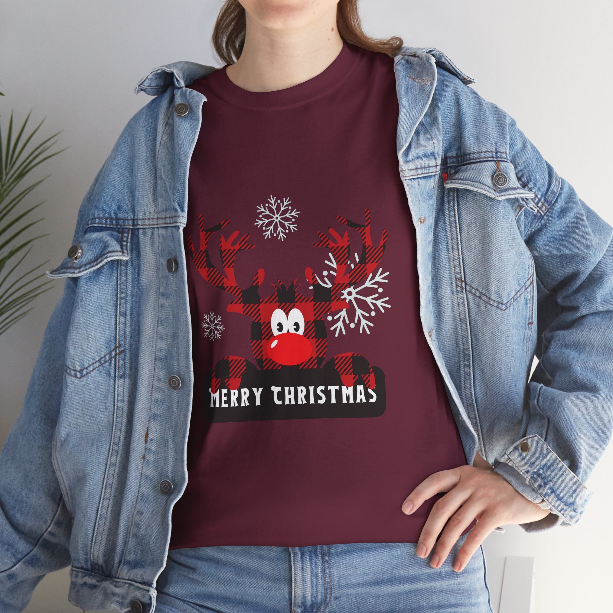 Christmas Reindeer T-Shirt — Cute Plaid Antler Design "Merry Christmas"