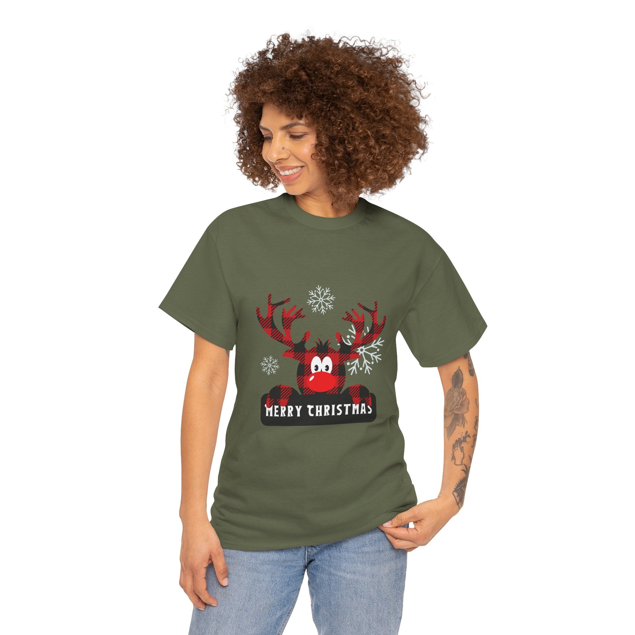 Christmas Reindeer T-Shirt — Cute Plaid Antler Design "Merry Christmas"