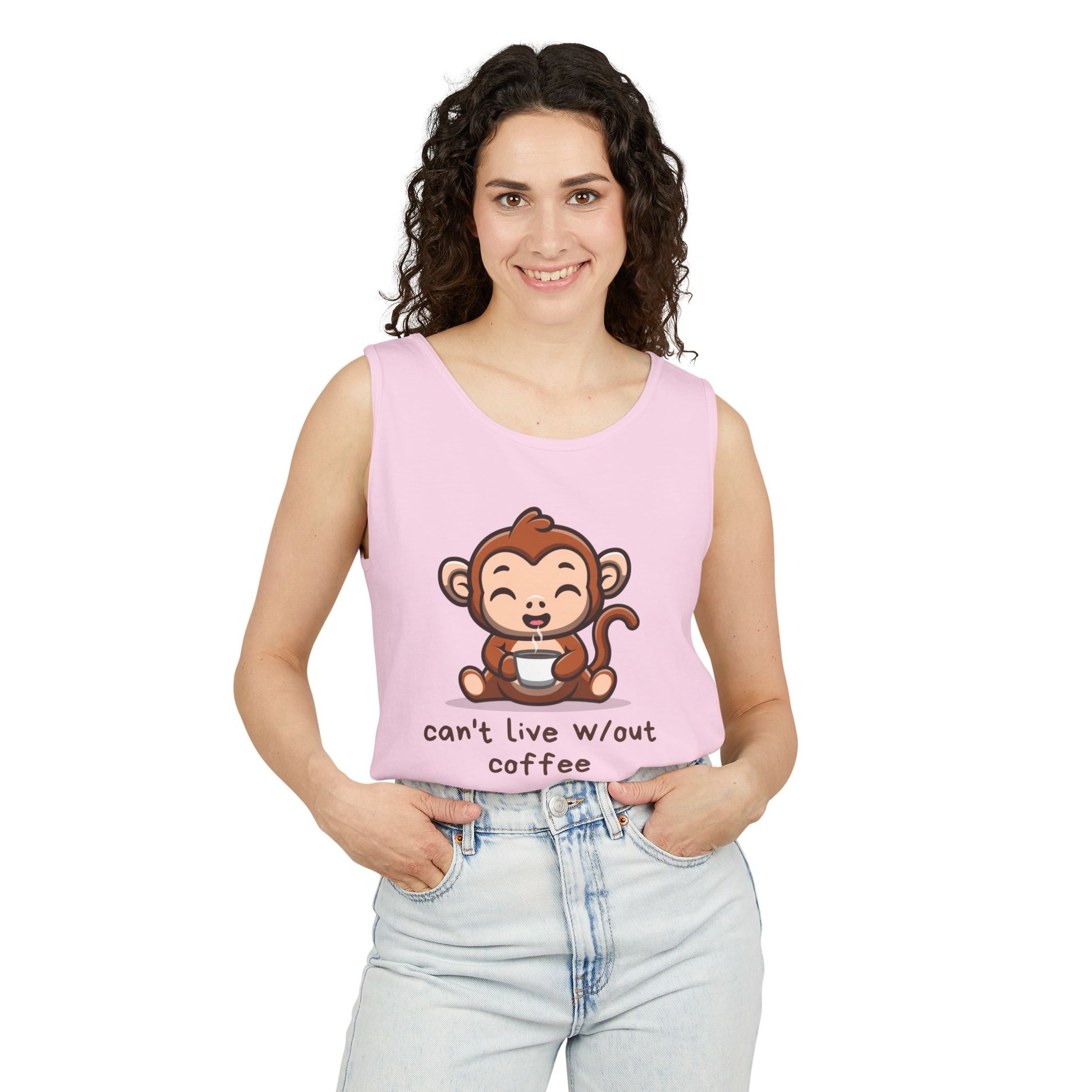 Coffee-Loving Monkey Tank Top, Funny Summer Shirt, Cute Gift for Coffee Lovers, Unisex Casual Wear, Perfect for Relaxing Days