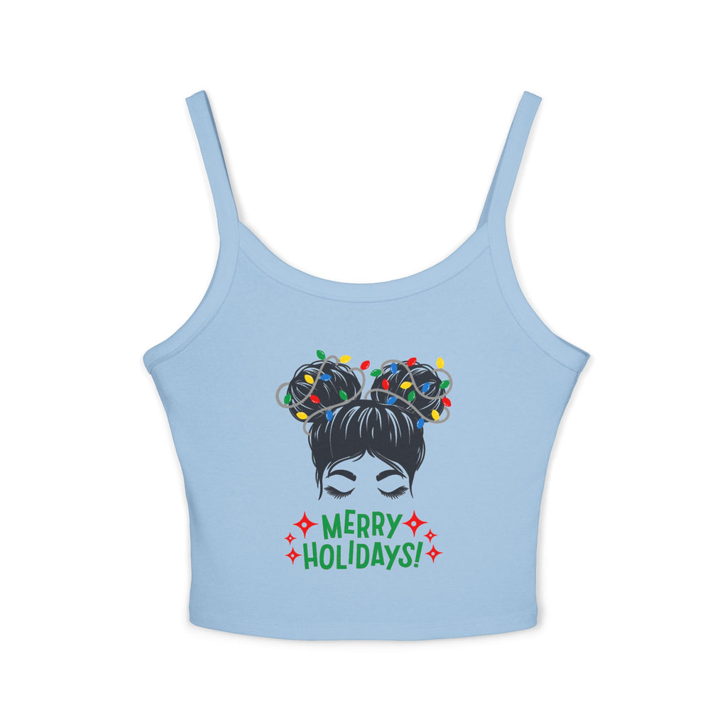 Women's Holiday Crop Tank Top – "Merry Holidays" Light-Up Hair Buns Graphic