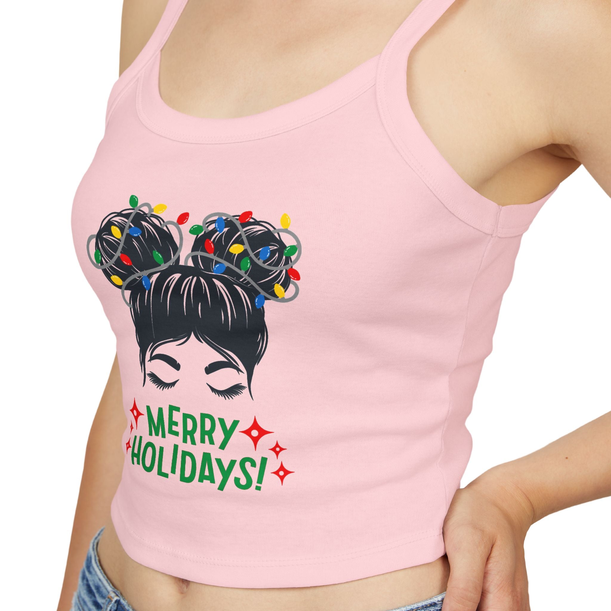 Women's Holiday Crop Tank Top – "Merry Holidays" Light-Up Hair Buns Graphic