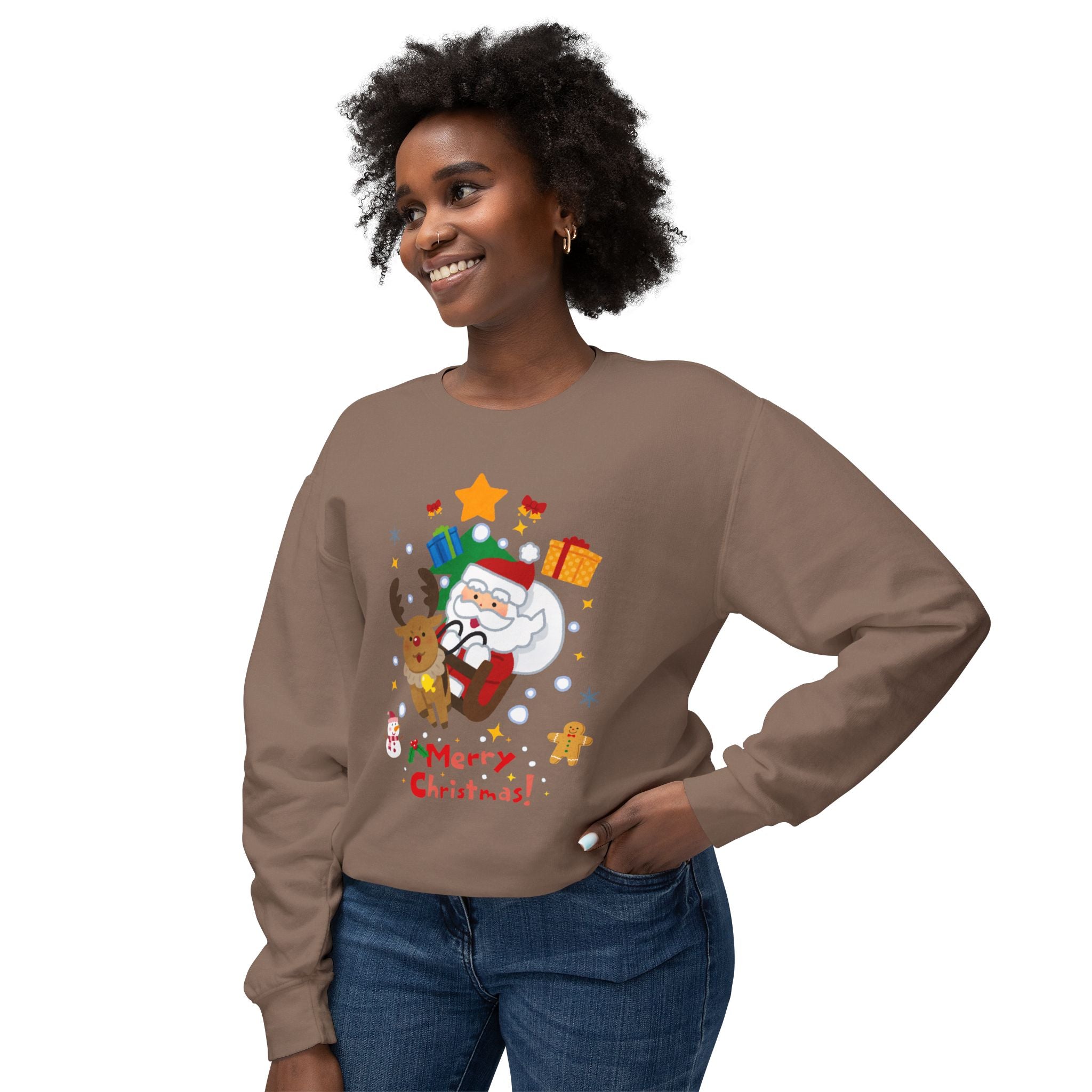 Christmas Crewneck Sweatshirt — Cute Santa & Reindeer "Merry Christmas" Holiday Sweater