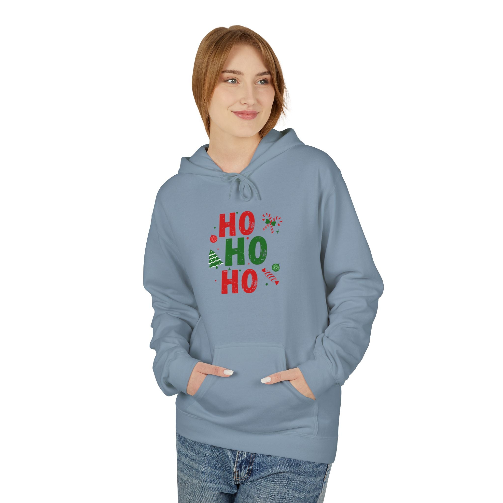 Ho Ho Ho Christmas Hoodie — Festive Holiday Sweatshirt with Tree & Candy Cane Design