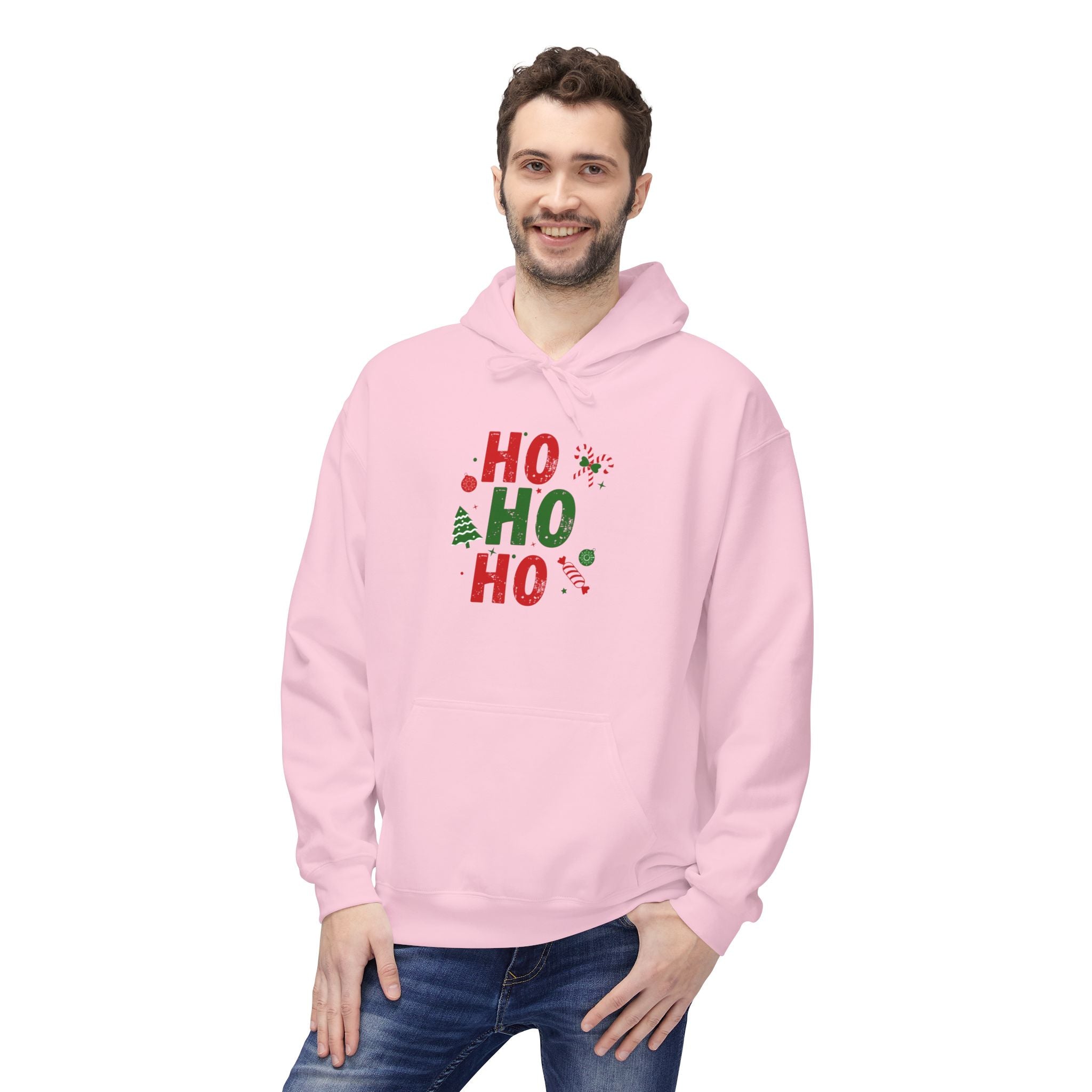 Ho Ho Ho Christmas Hoodie — Festive Holiday Sweatshirt with Tree & Candy Cane Design