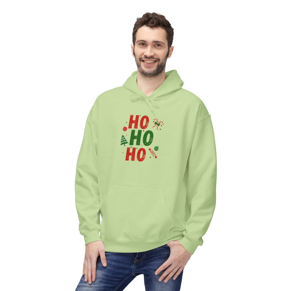 Ho Ho Ho Christmas Hoodie — Festive Holiday Sweatshirt with Tree & Candy Cane Design