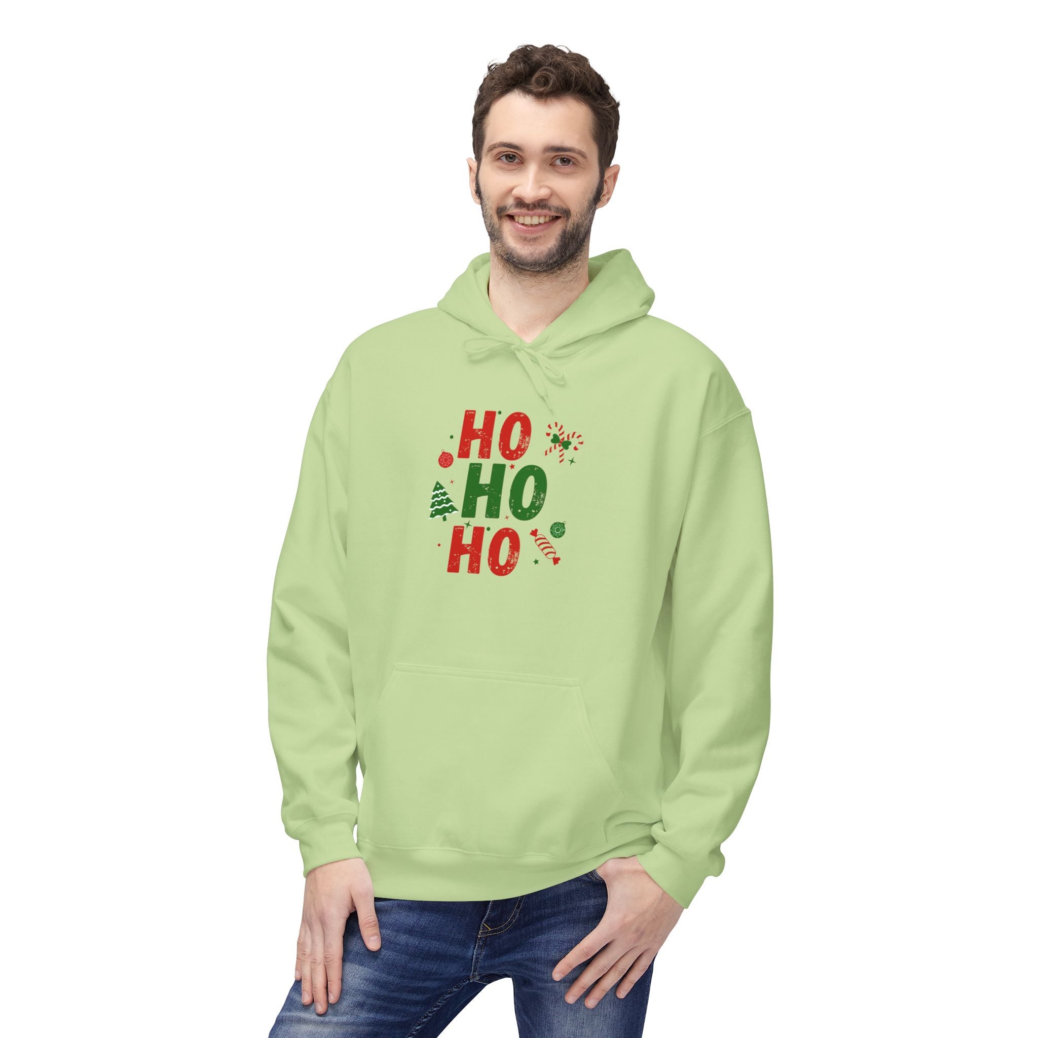 Ho Ho Ho Christmas Hoodie — Festive Holiday Sweatshirt with Tree & Candy Cane Design