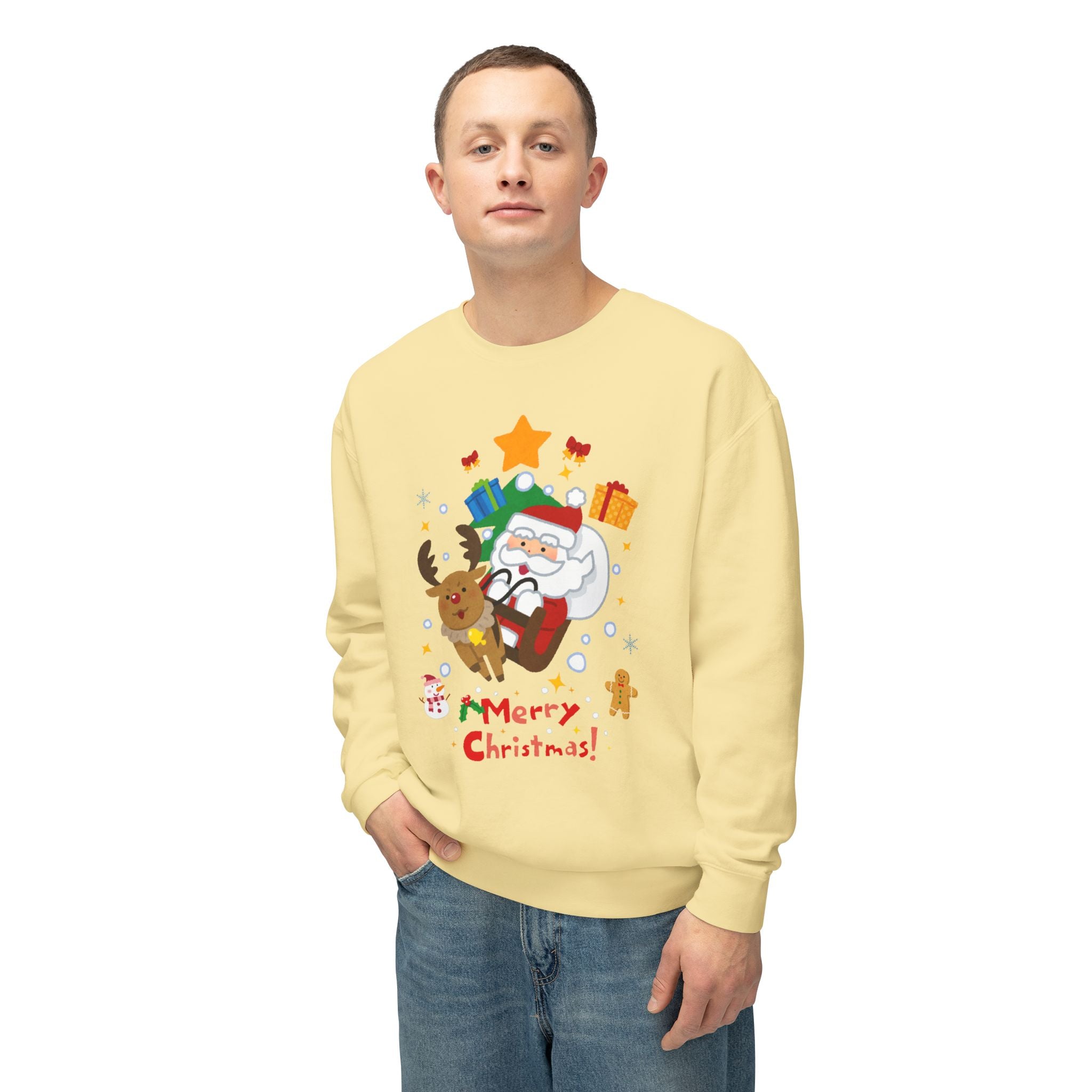 Christmas Crewneck Sweatshirt — Cute Santa & Reindeer "Merry Christmas" Holiday Sweater