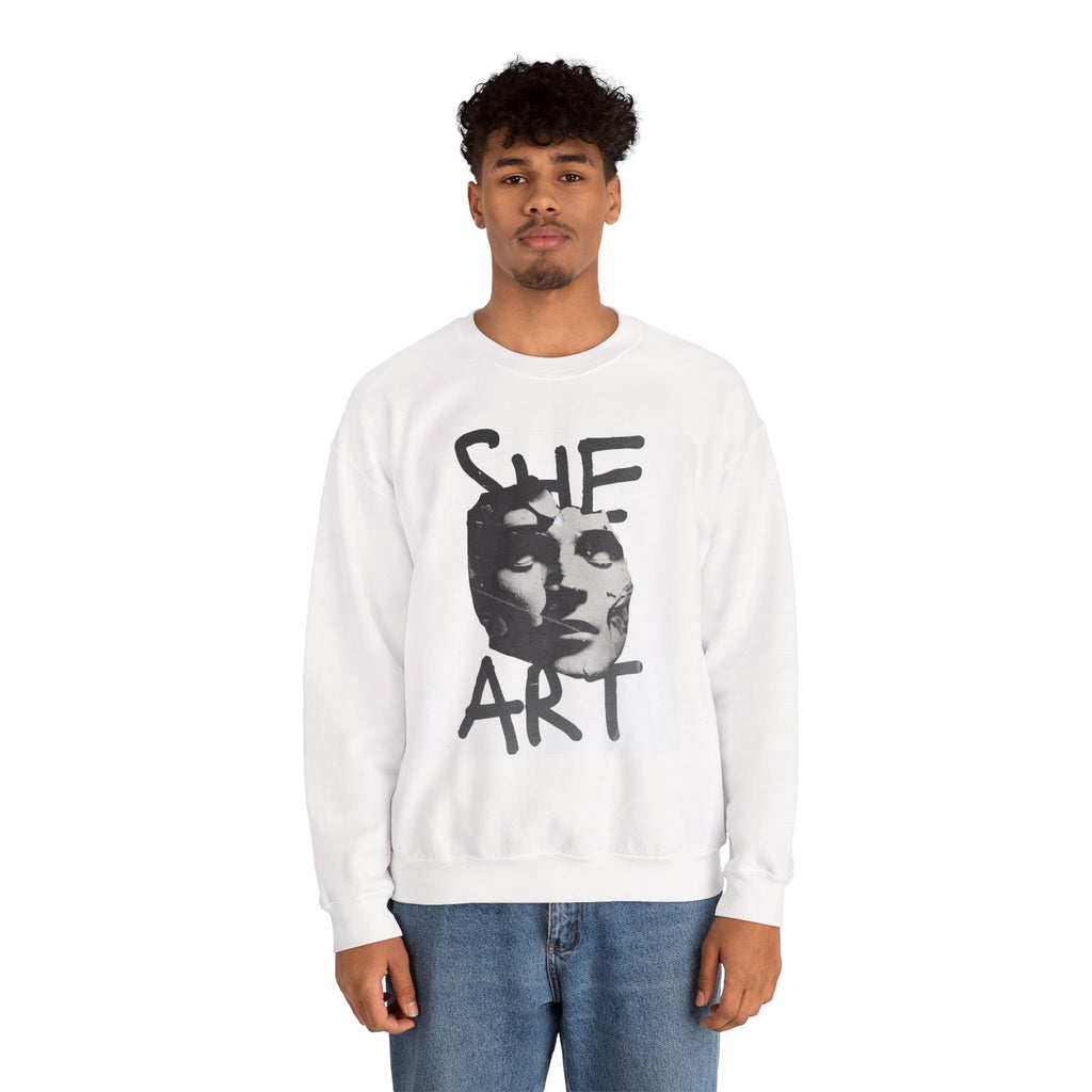 Artistic Unisex Crewneck Sweatshirt - SHE ART Graphic, Cozy Fashion, Bold Statement Piece, Gift for Creatives, Everyday Wear