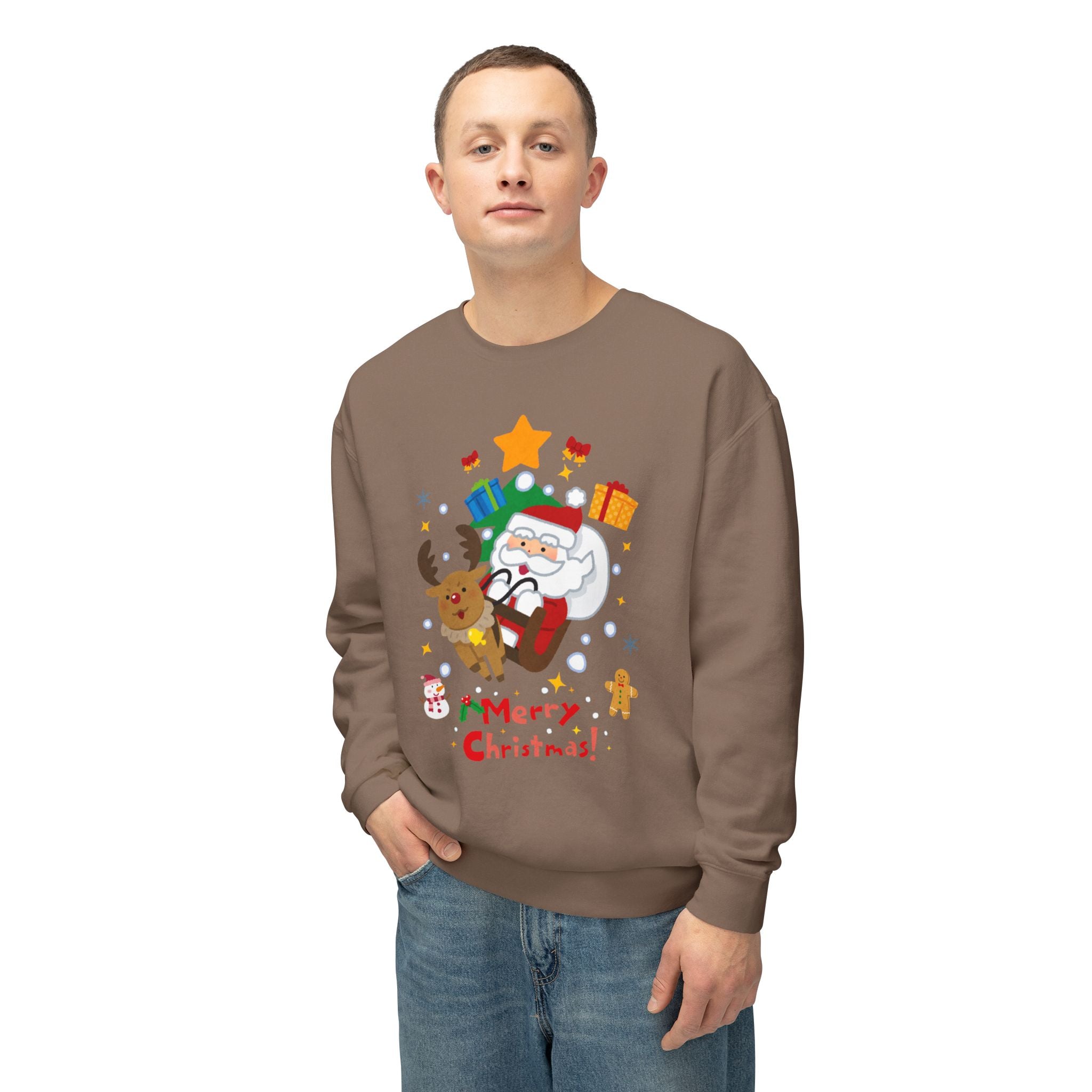 Christmas Crewneck Sweatshirt — Cute Santa & Reindeer "Merry Christmas" Holiday Sweater