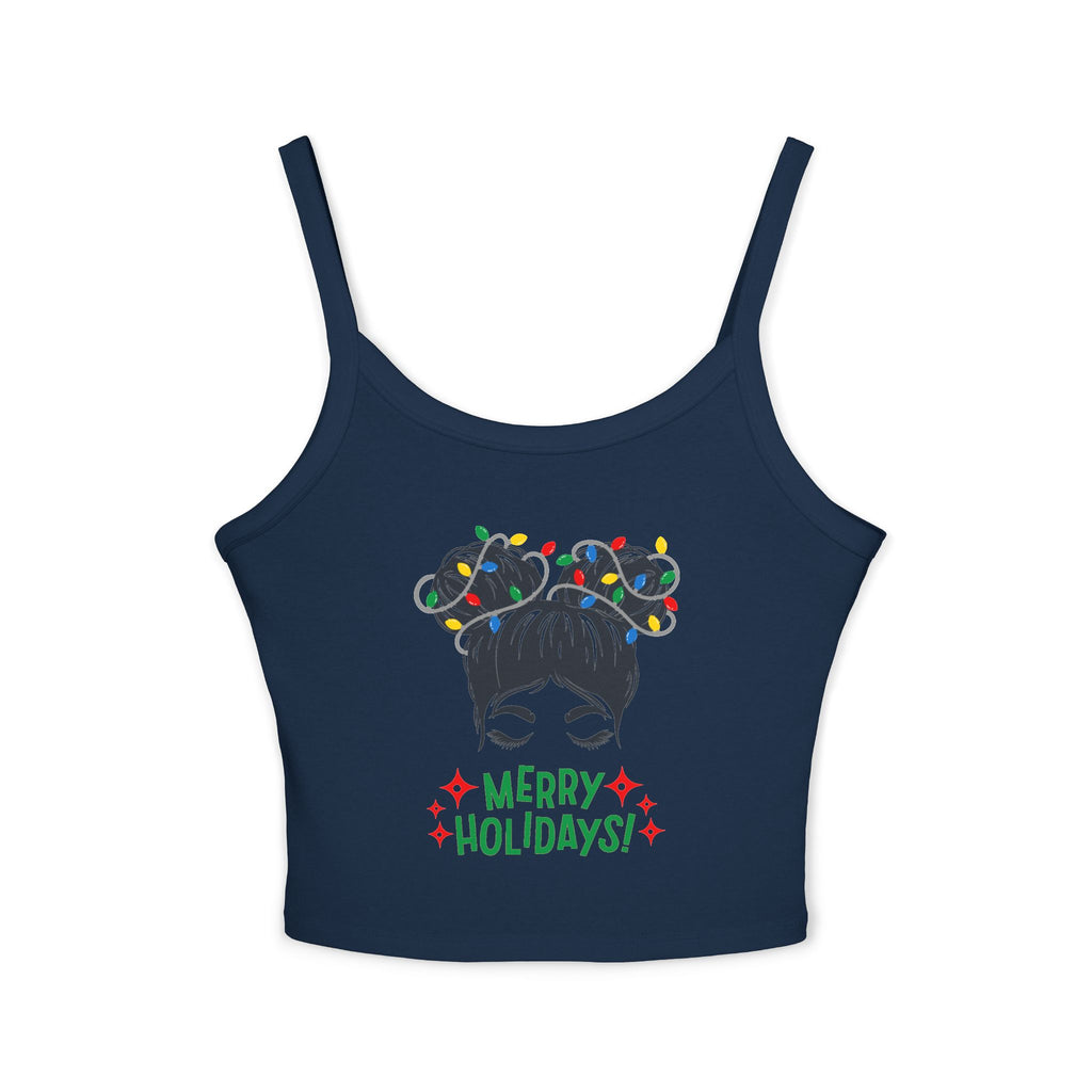 Women's Holiday Crop Tank Top – "Merry Holidays" Light-Up Hair Buns Graphic