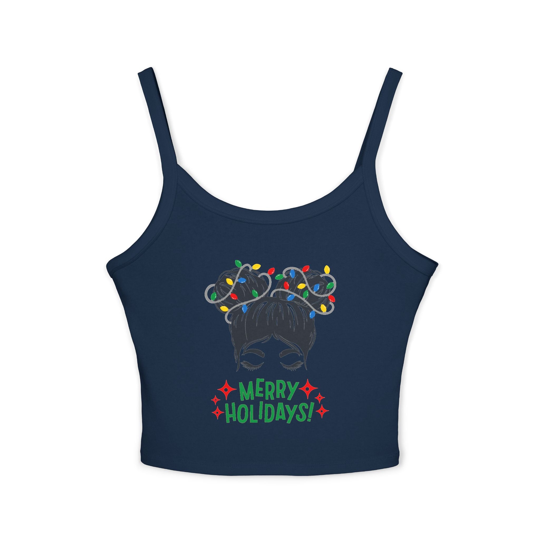 Women's Holiday Crop Tank Top – "Merry Holidays" Light-Up Hair Buns Graphic
