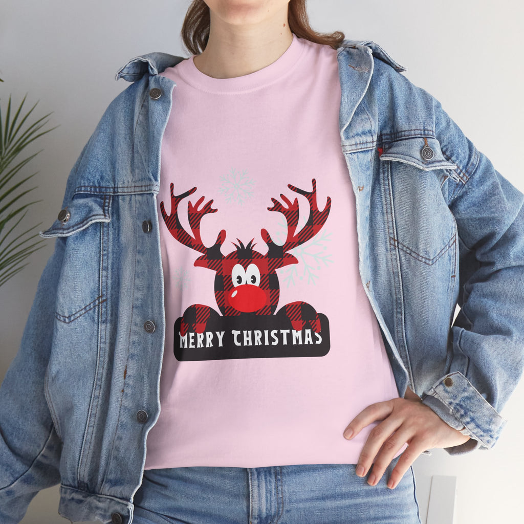 Christmas Reindeer T-Shirt — Cute Plaid Antler Design "Merry Christmas"