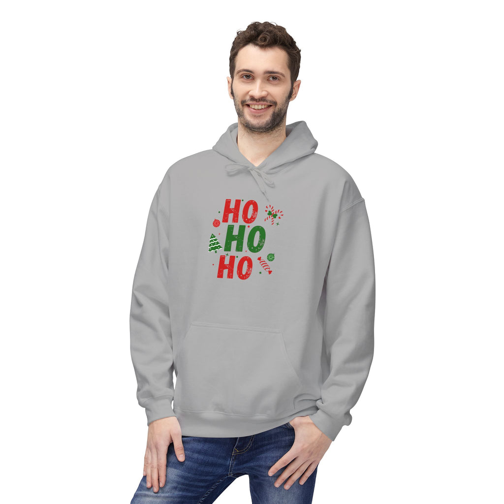 Ho Ho Ho Christmas Hoodie — Festive Holiday Sweatshirt with Tree & Candy Cane Design