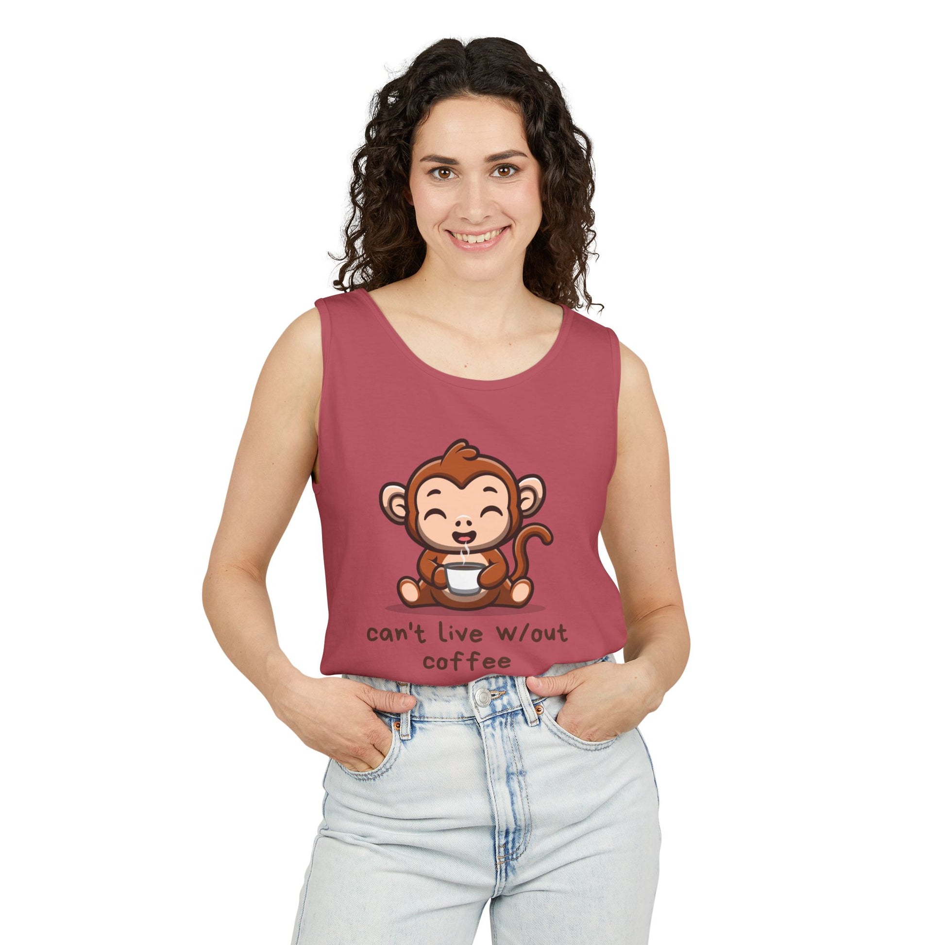 Coffee-Loving Monkey Tank Top, Funny Summer Shirt, Cute Gift for Coffee Lovers, Unisex Casual Wear, Perfect for Relaxing Days