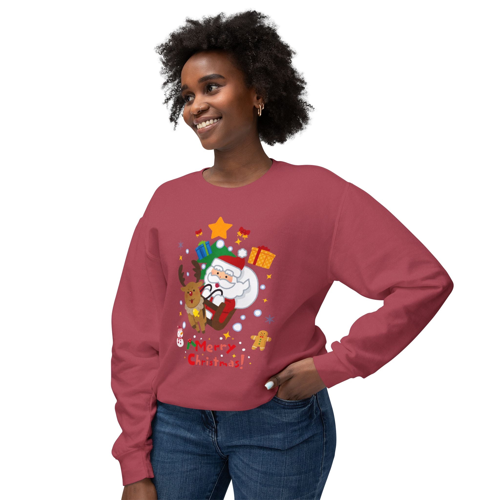 Christmas Crewneck Sweatshirt — Cute Santa & Reindeer "Merry Christmas" Holiday Sweater