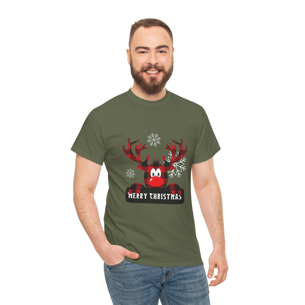 Christmas Reindeer T-Shirt — Cute Plaid Antler Design "Merry Christmas"