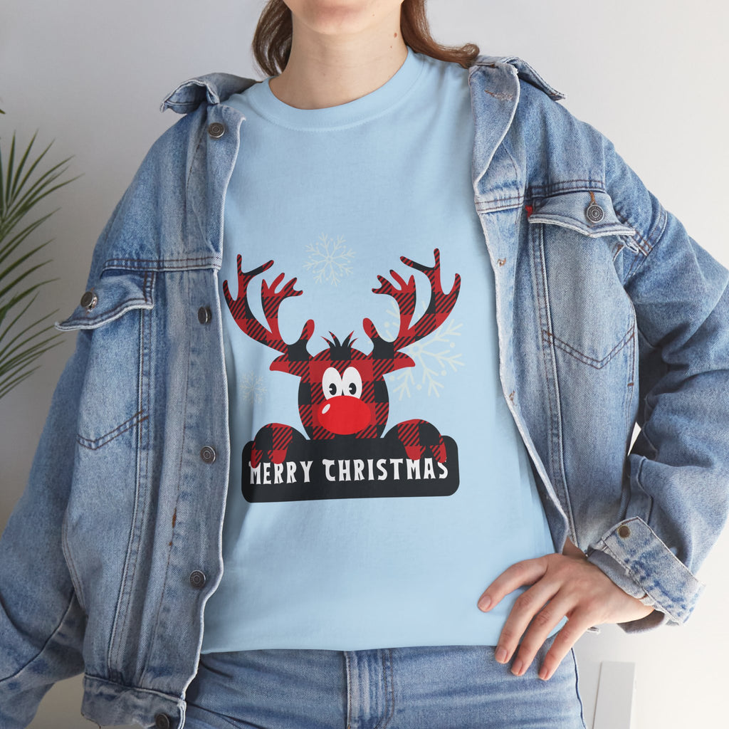 Christmas Reindeer T-Shirt — Cute Plaid Antler Design "Merry Christmas"
