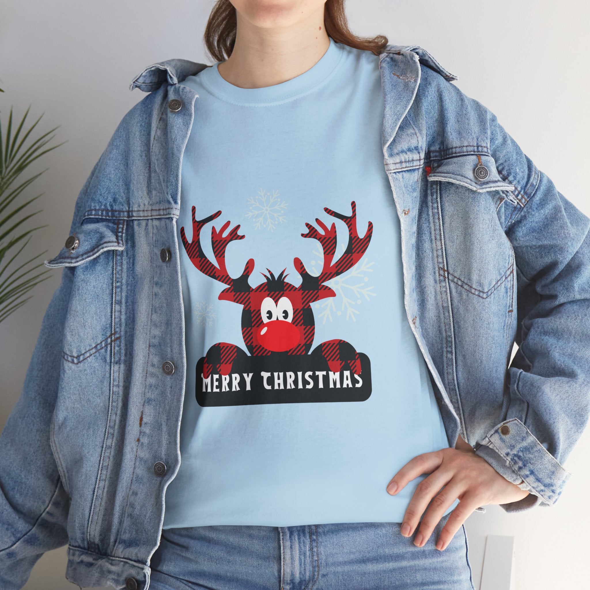 Christmas Reindeer T-Shirt — Cute Plaid Antler Design "Merry Christmas"