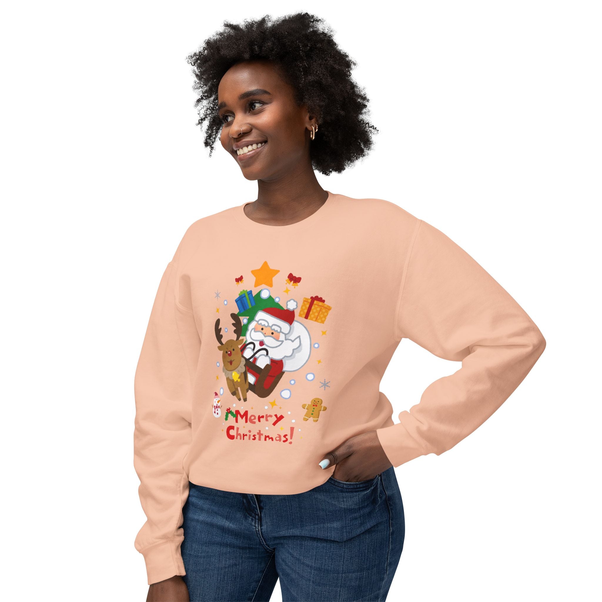 Christmas Crewneck Sweatshirt — Cute Santa & Reindeer "Merry Christmas" Holiday Sweater