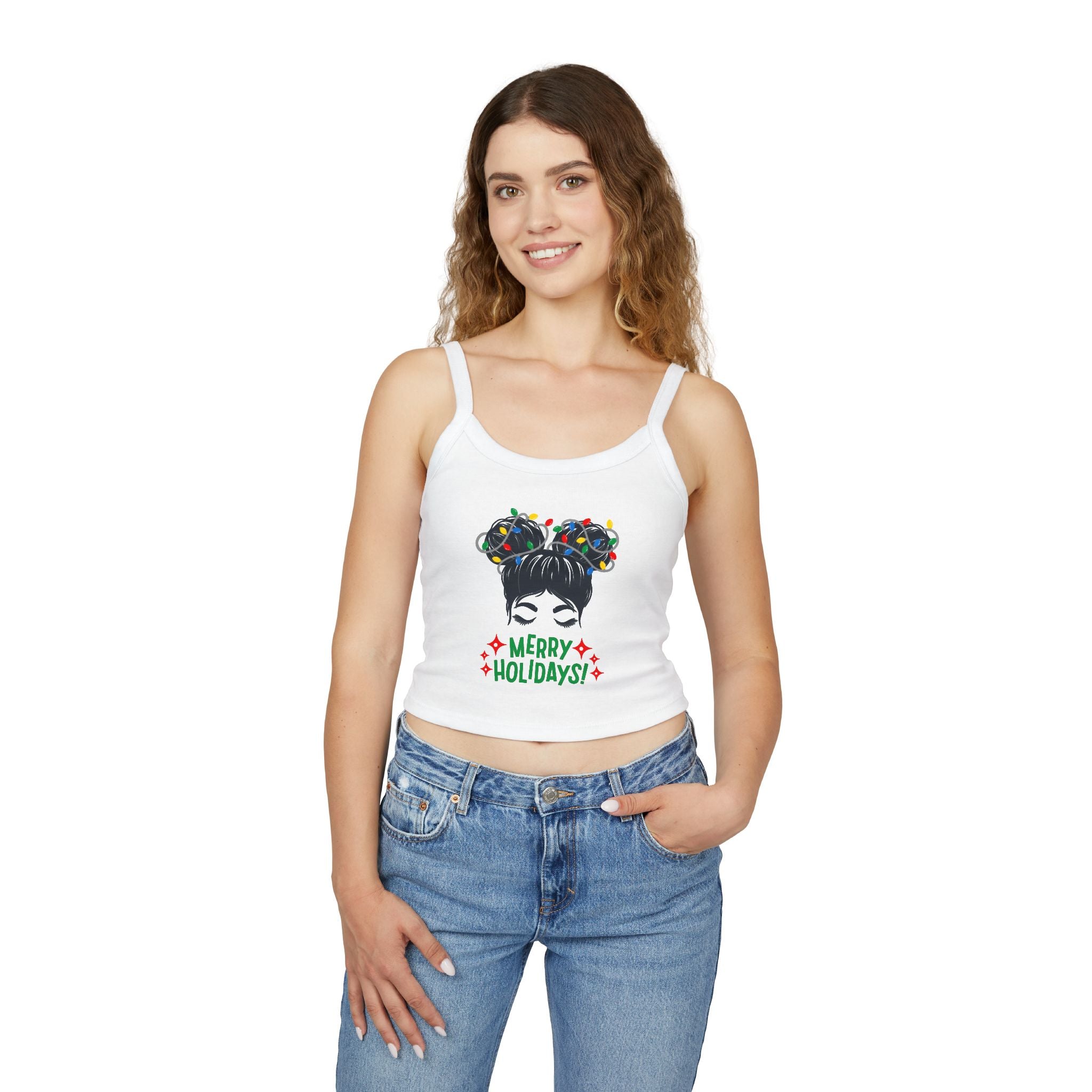 Women's Holiday Crop Tank Top – "Merry Holidays" Light-Up Hair Buns Graphic