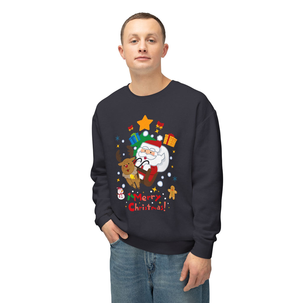 Christmas Crewneck Sweatshirt — Cute Santa & Reindeer "Merry Christmas" Holiday Sweater
