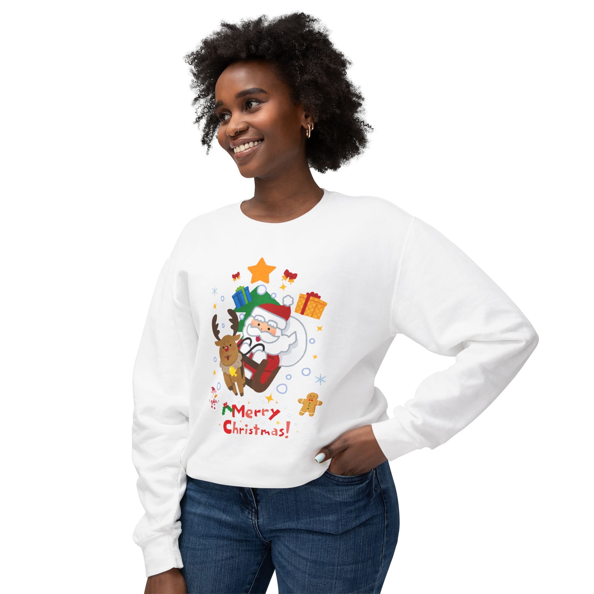 Christmas Crewneck Sweatshirt — Cute Santa & Reindeer "Merry Christmas" Holiday Sweater