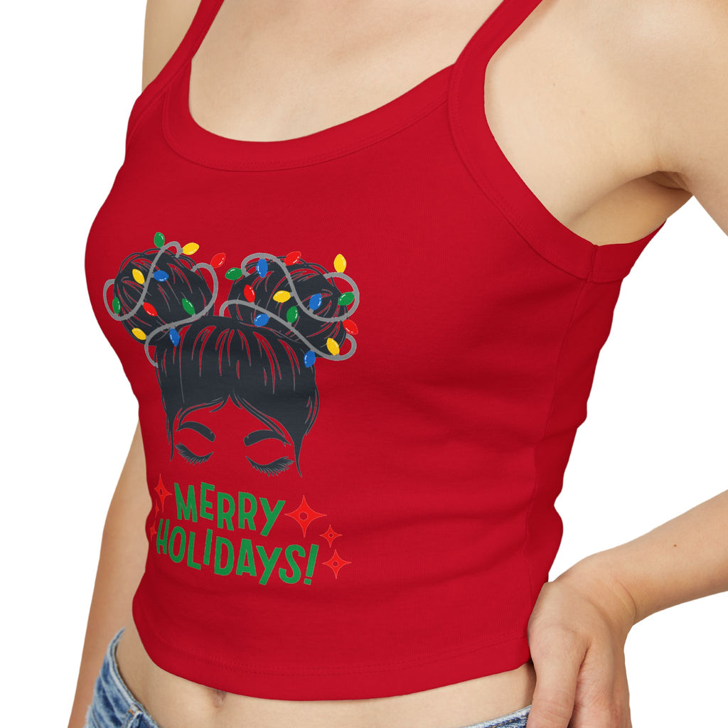 Women's Holiday Crop Tank Top – "Merry Holidays" Light-Up Hair Buns Graphic