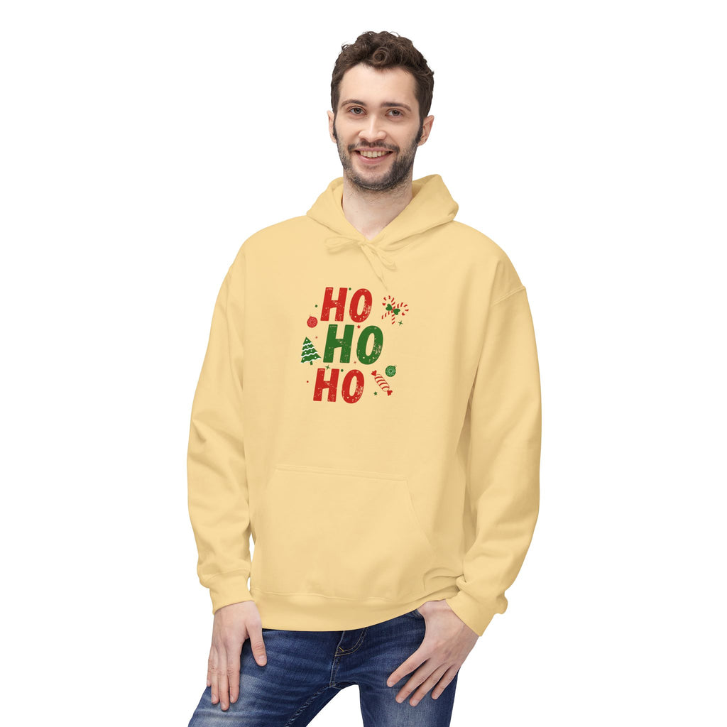 Ho Ho Ho Christmas Hoodie — Festive Holiday Sweatshirt with Tree & Candy Cane Design