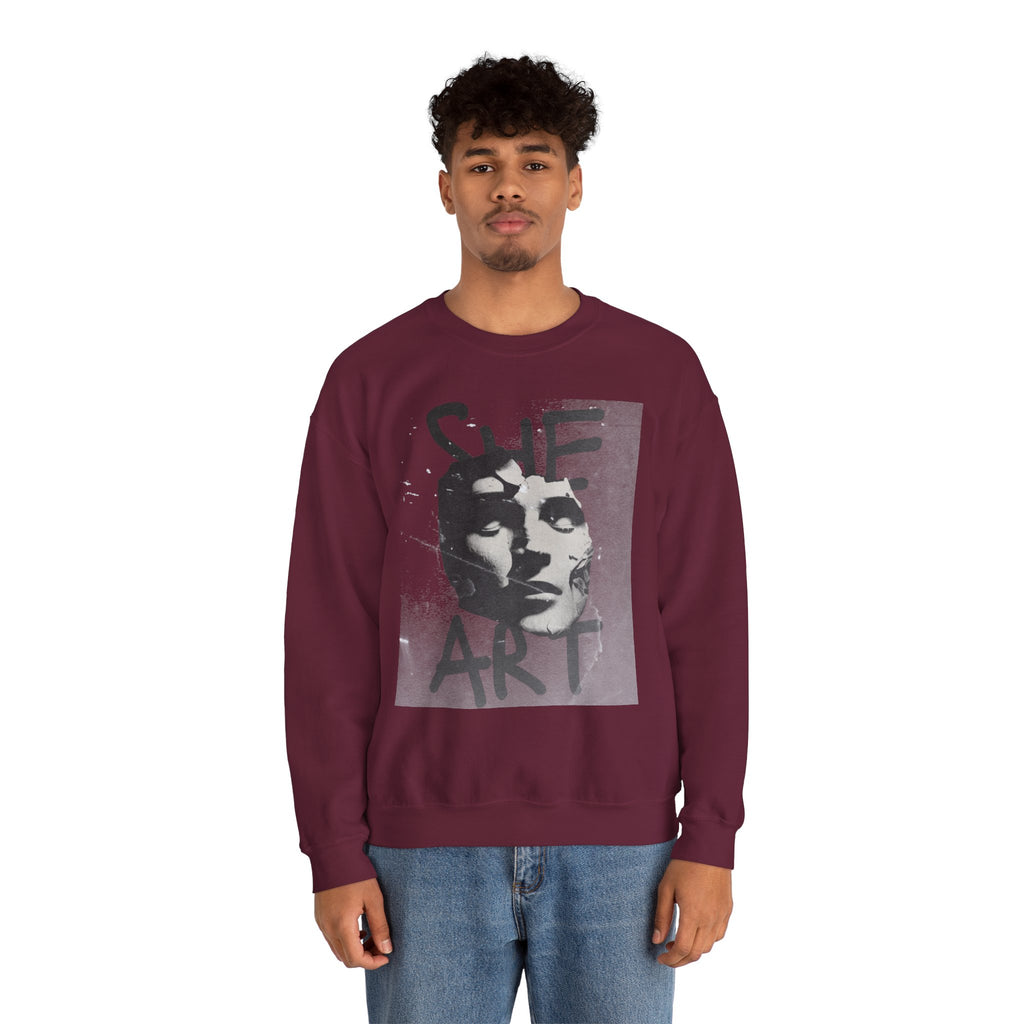 Artistic Unisex Crewneck Sweatshirt - SHE ART Graphic, Cozy Fashion, Bold Statement Piece, Gift for Creatives, Everyday Wear