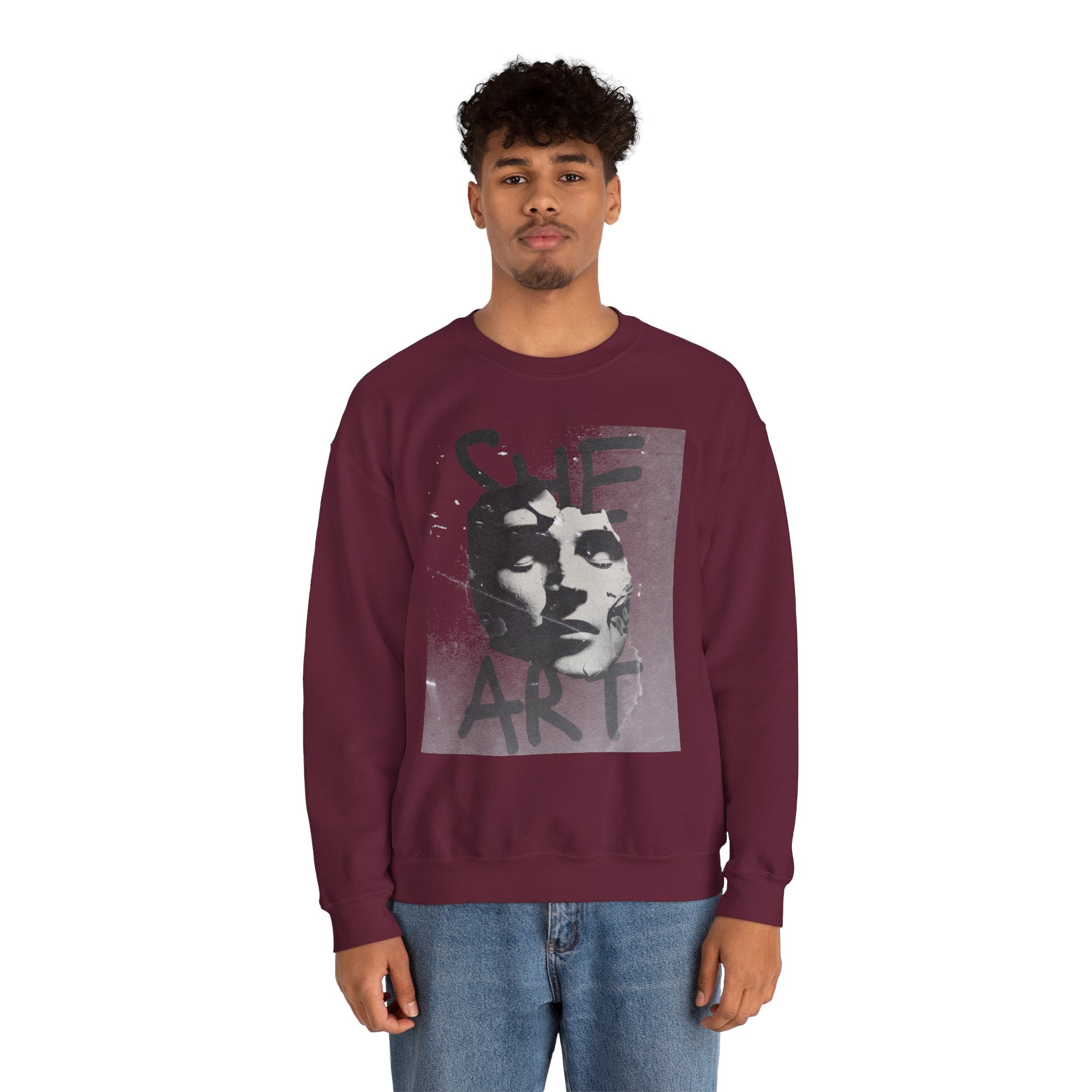 Artistic Unisex Crewneck Sweatshirt - SHE ART Graphic, Cozy Fashion, Bold Statement Piece, Gift for Creatives, Everyday Wear