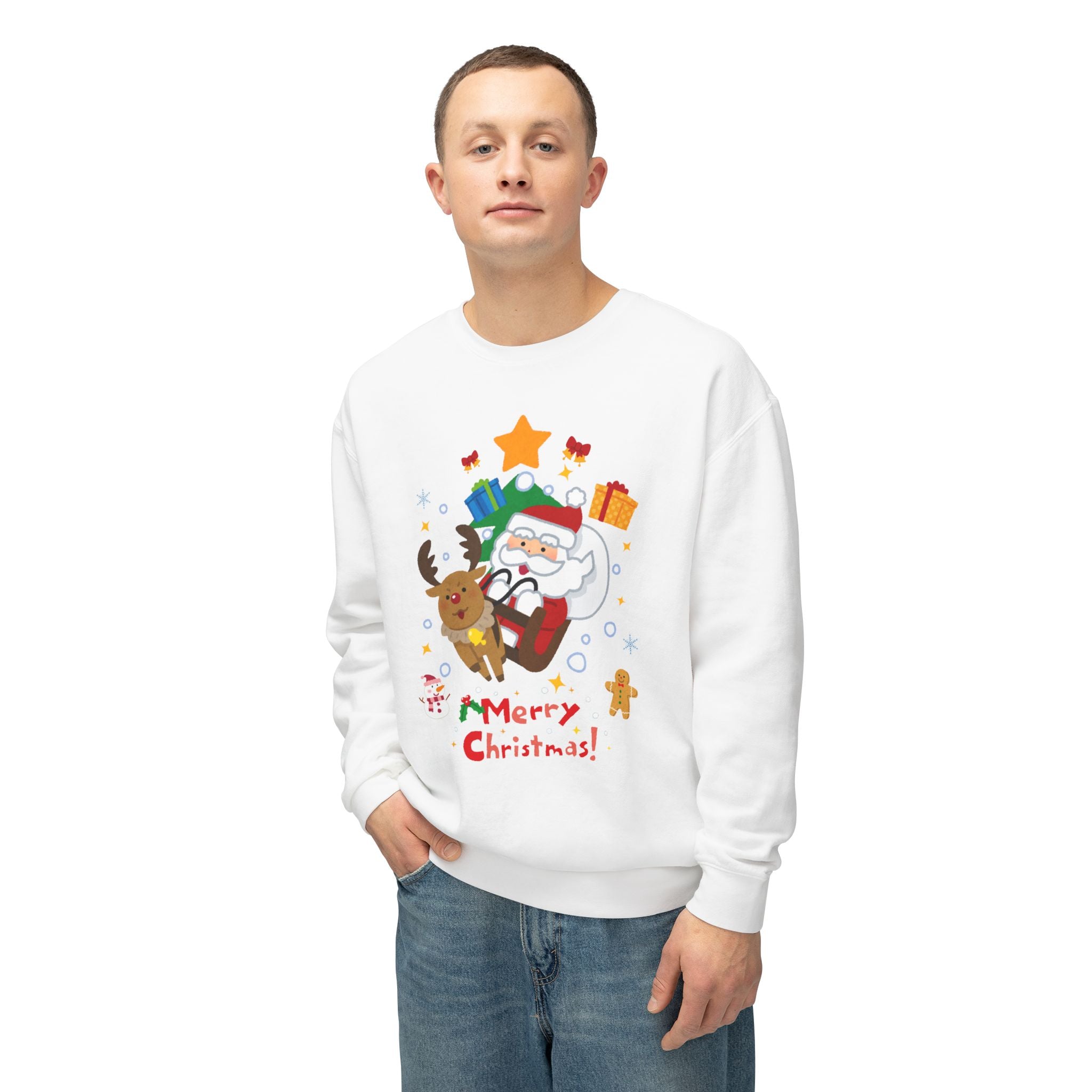 Christmas Crewneck Sweatshirt — Cute Santa & Reindeer "Merry Christmas" Holiday Sweater