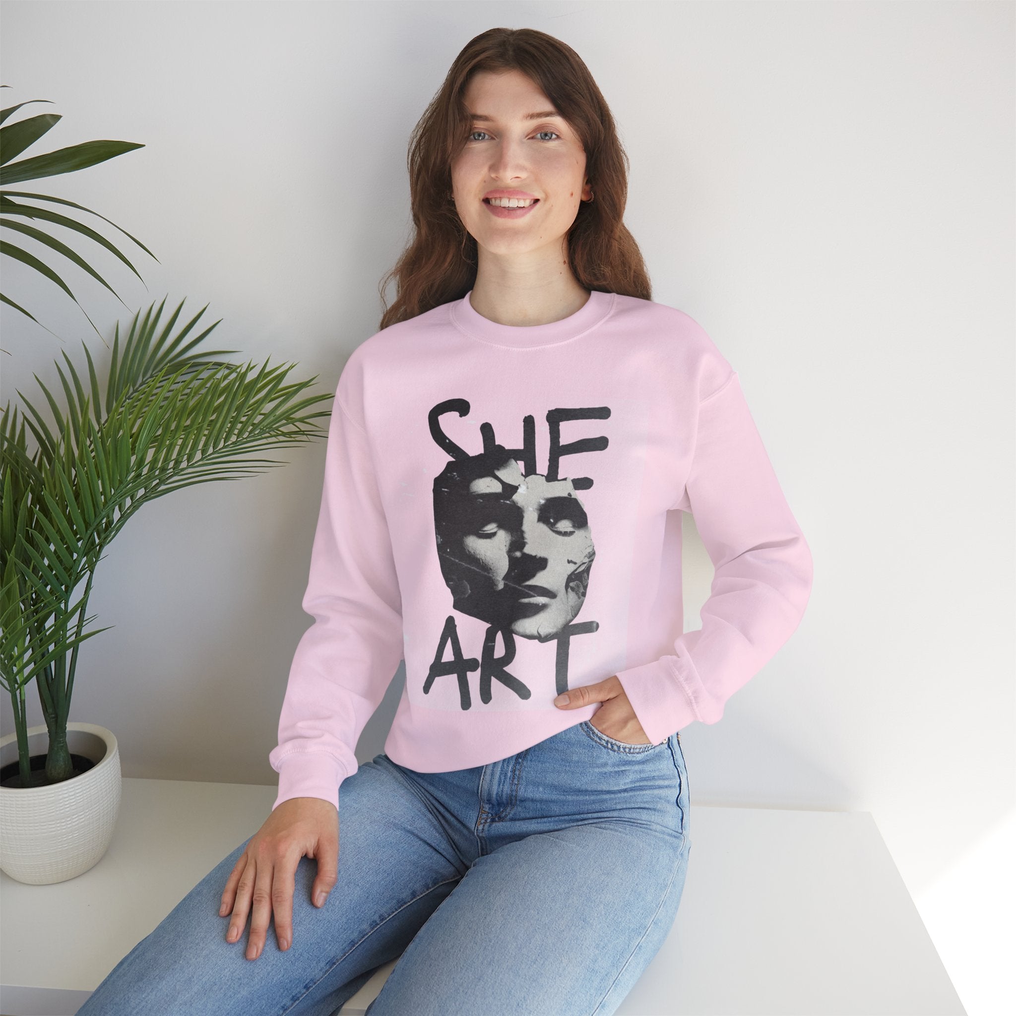 Artistic Unisex Crewneck Sweatshirt - SHE ART Graphic, Cozy Fashion, Bold Statement Piece, Gift for Creatives, Everyday Wear