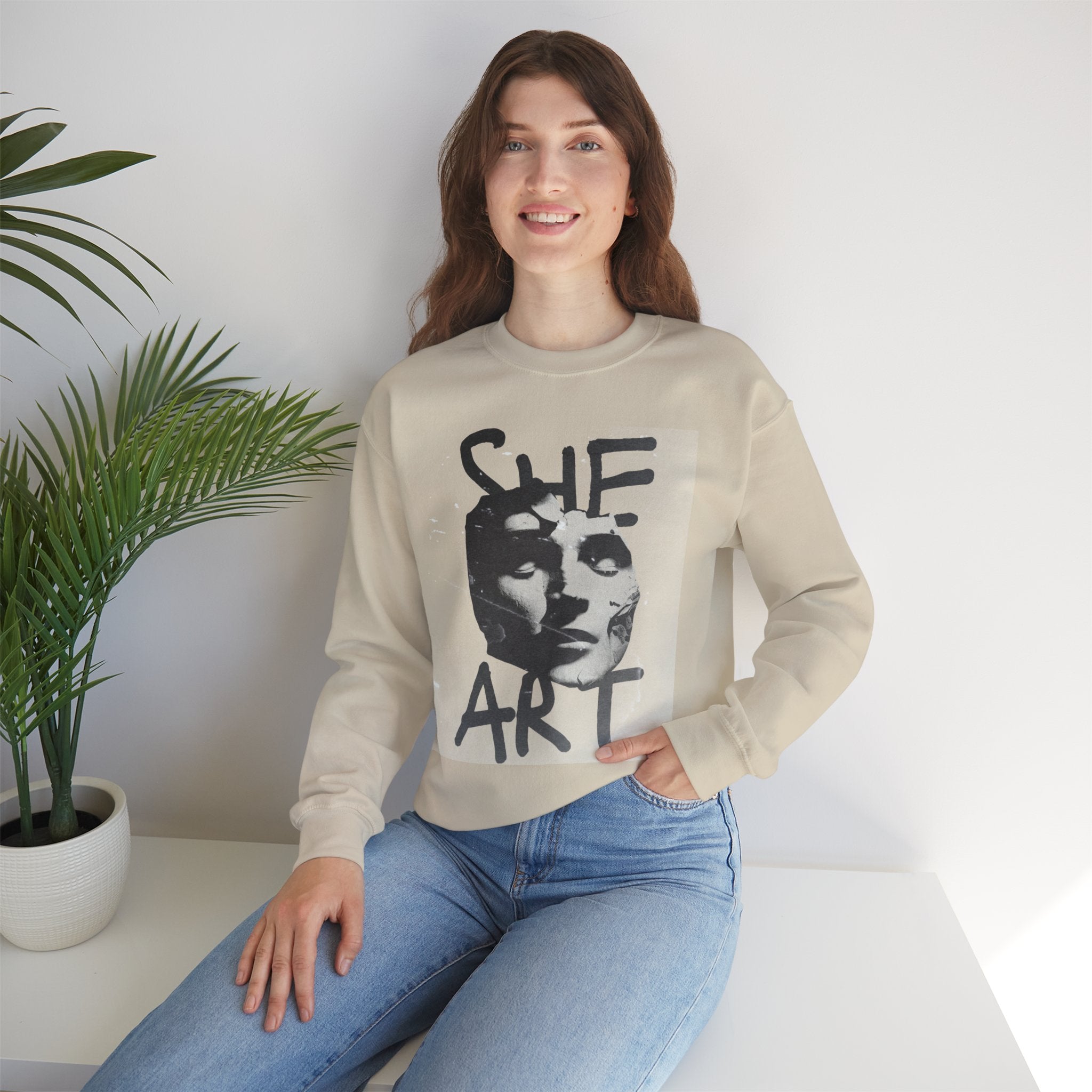 Artistic Unisex Crewneck Sweatshirt - SHE ART Graphic, Cozy Fashion, Bold Statement Piece, Gift for Creatives, Everyday Wear